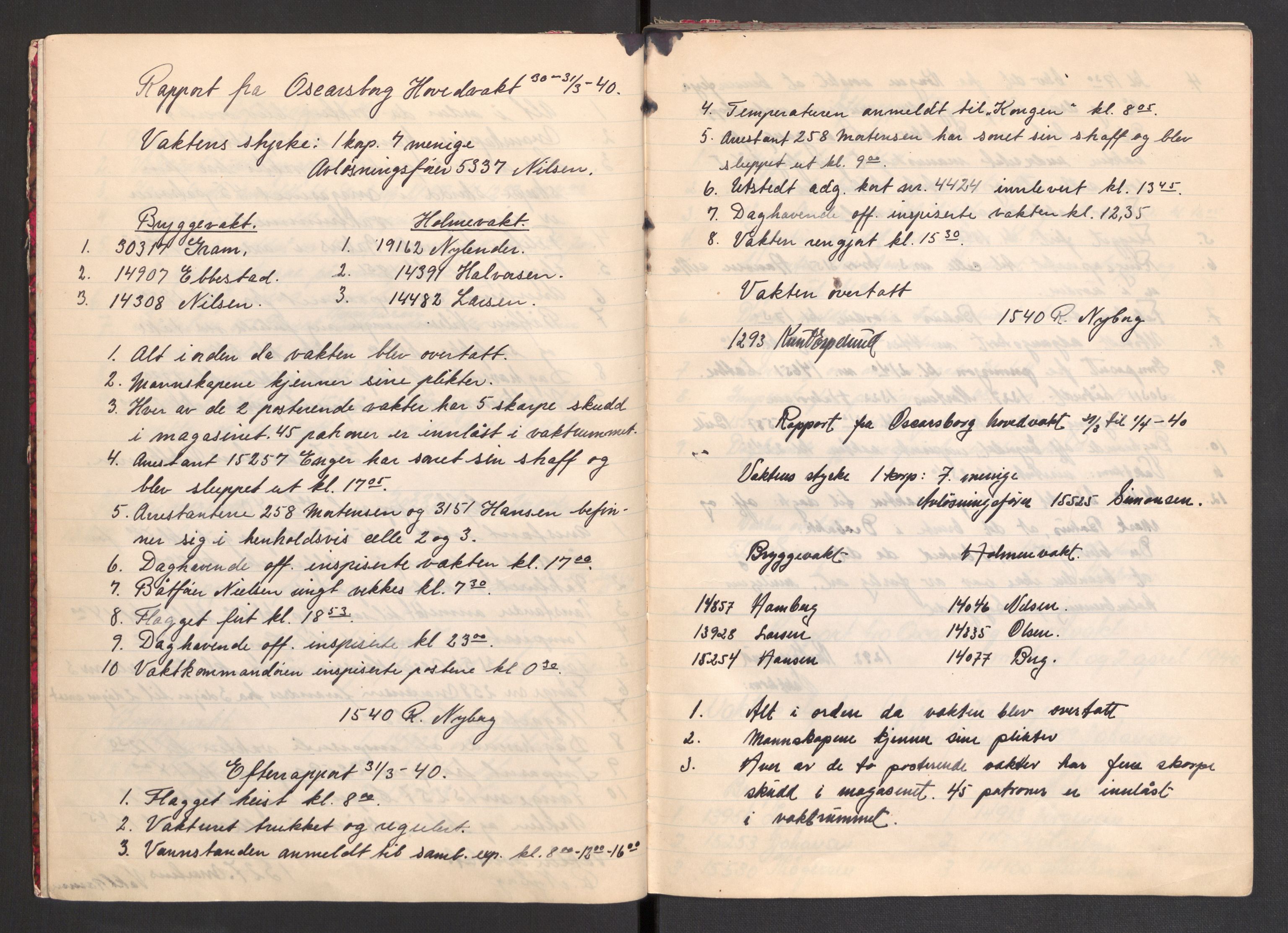 Forsvarsdepartementet, Oscarsborg festning, AV/RA-RAFA-4479/F/Fa/L0001: Vaktjournal (vedlagt 9 permisjonskort), 1940