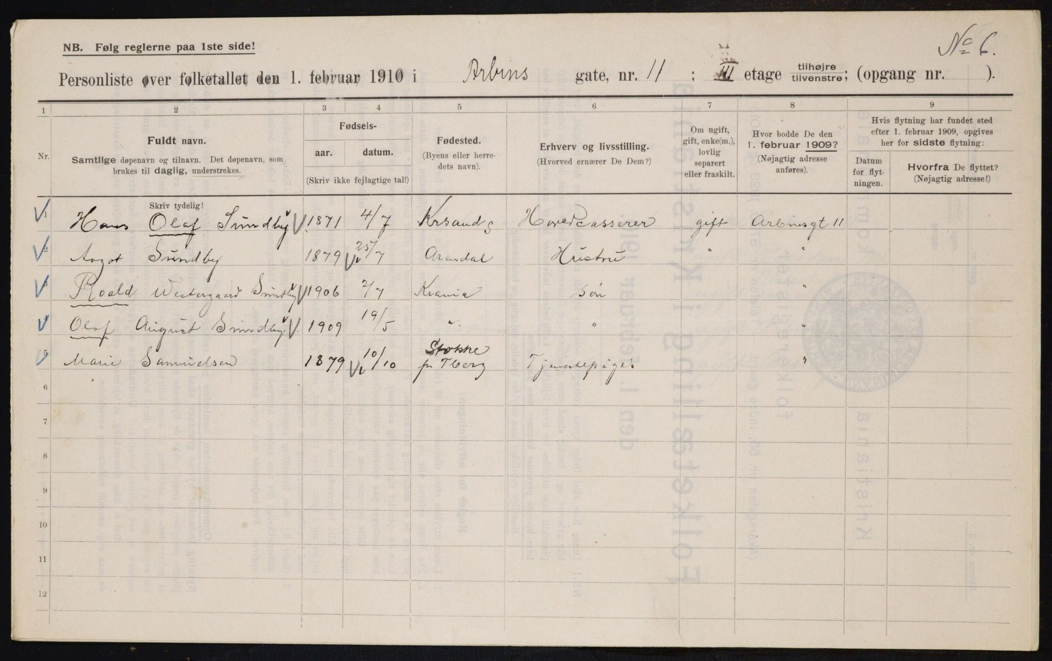 OBA, Kommunal folketelling 1.2.1910 for Kristiania, 1910, s. 1562