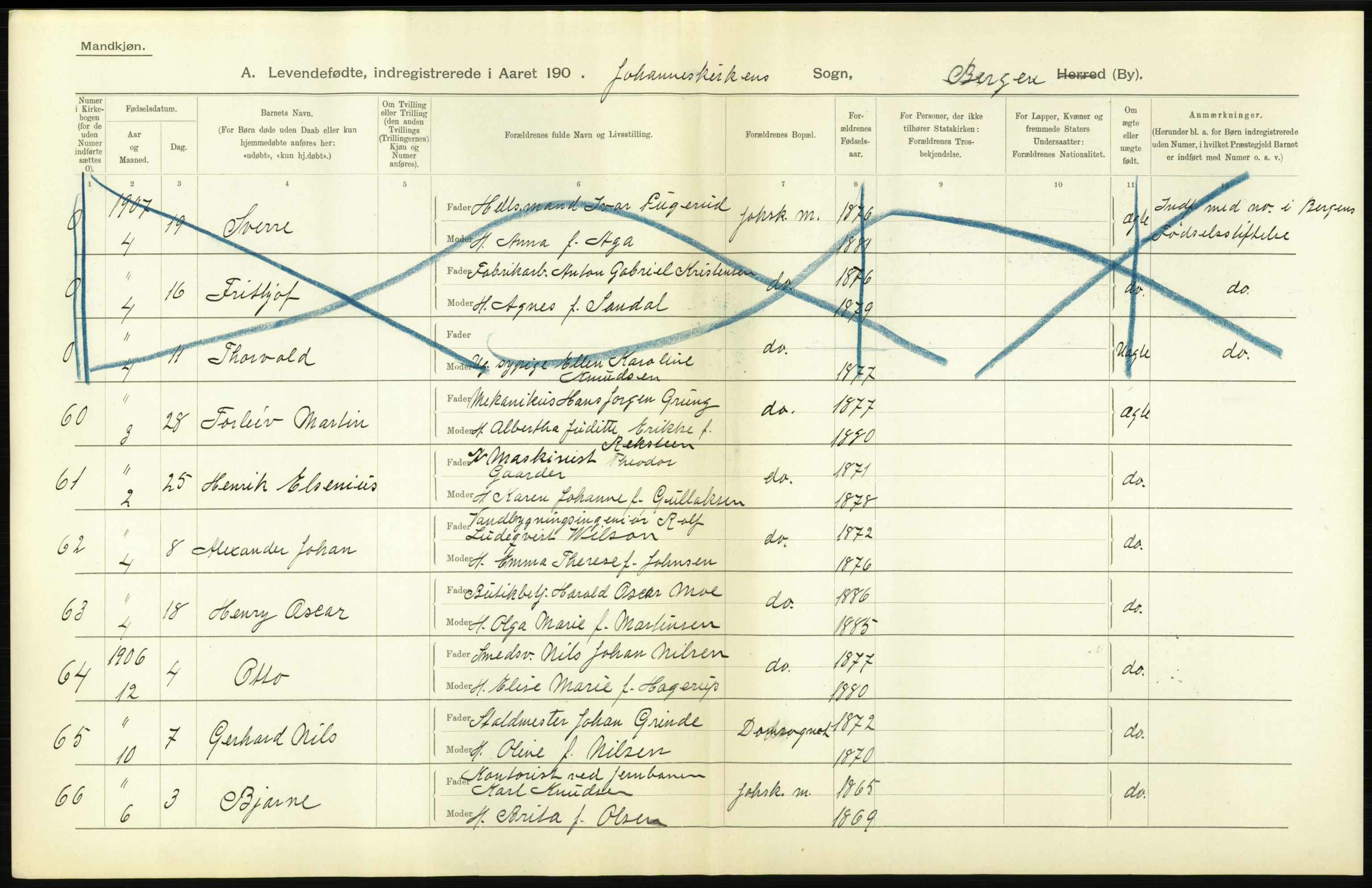 Statistisk sentralbyrå, Sosiodemografiske emner, Befolkning, AV/RA-S-2228/D/Df/Dfa/Dfae/L0030: Bergen: Levendefødte menn og kvinner., 1907, s. 56