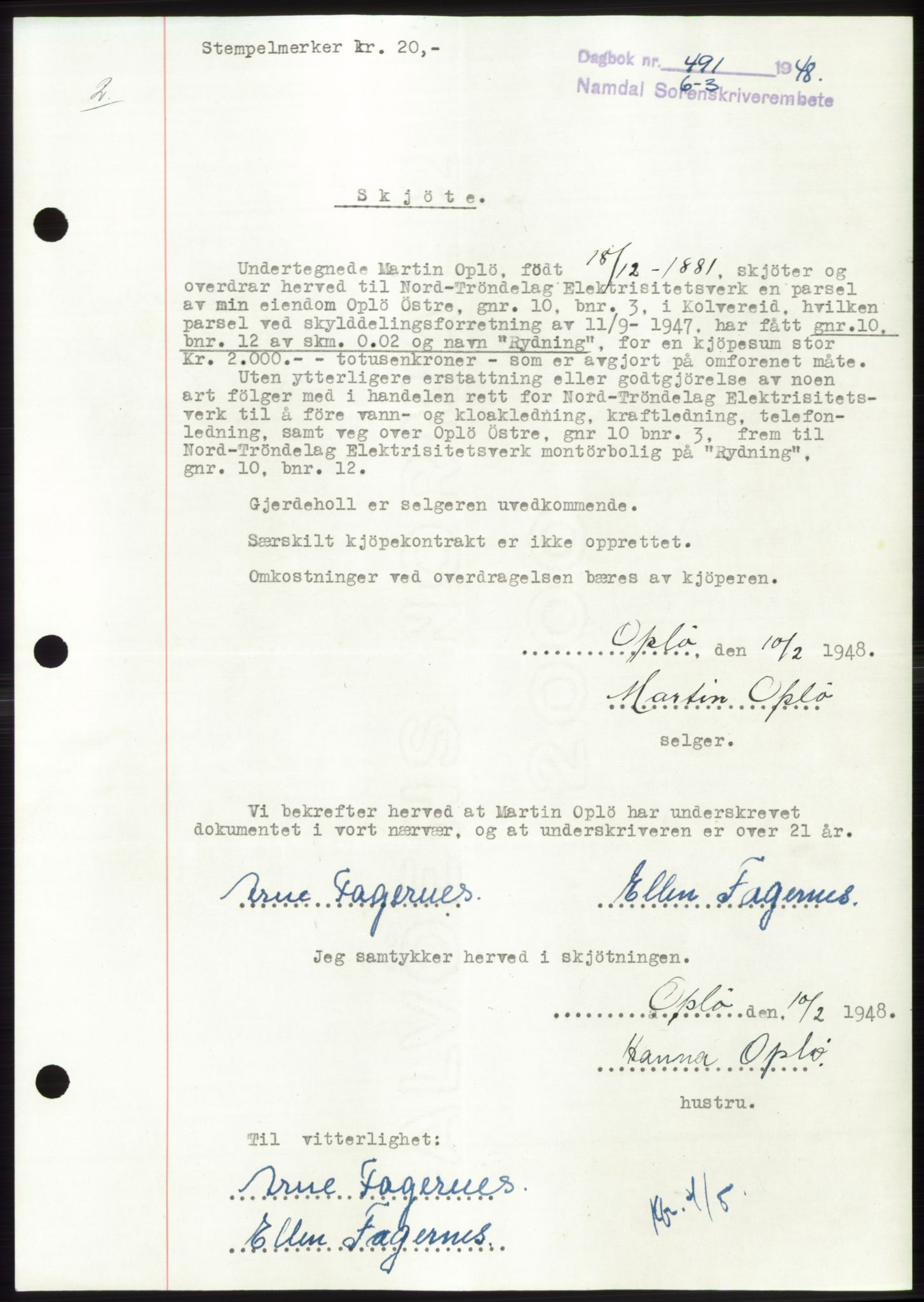Namdal sorenskriveri, SAT/A-4133/1/2/2C: Pantebok nr. -, 1947-1948, Dagboknr: 491/1948