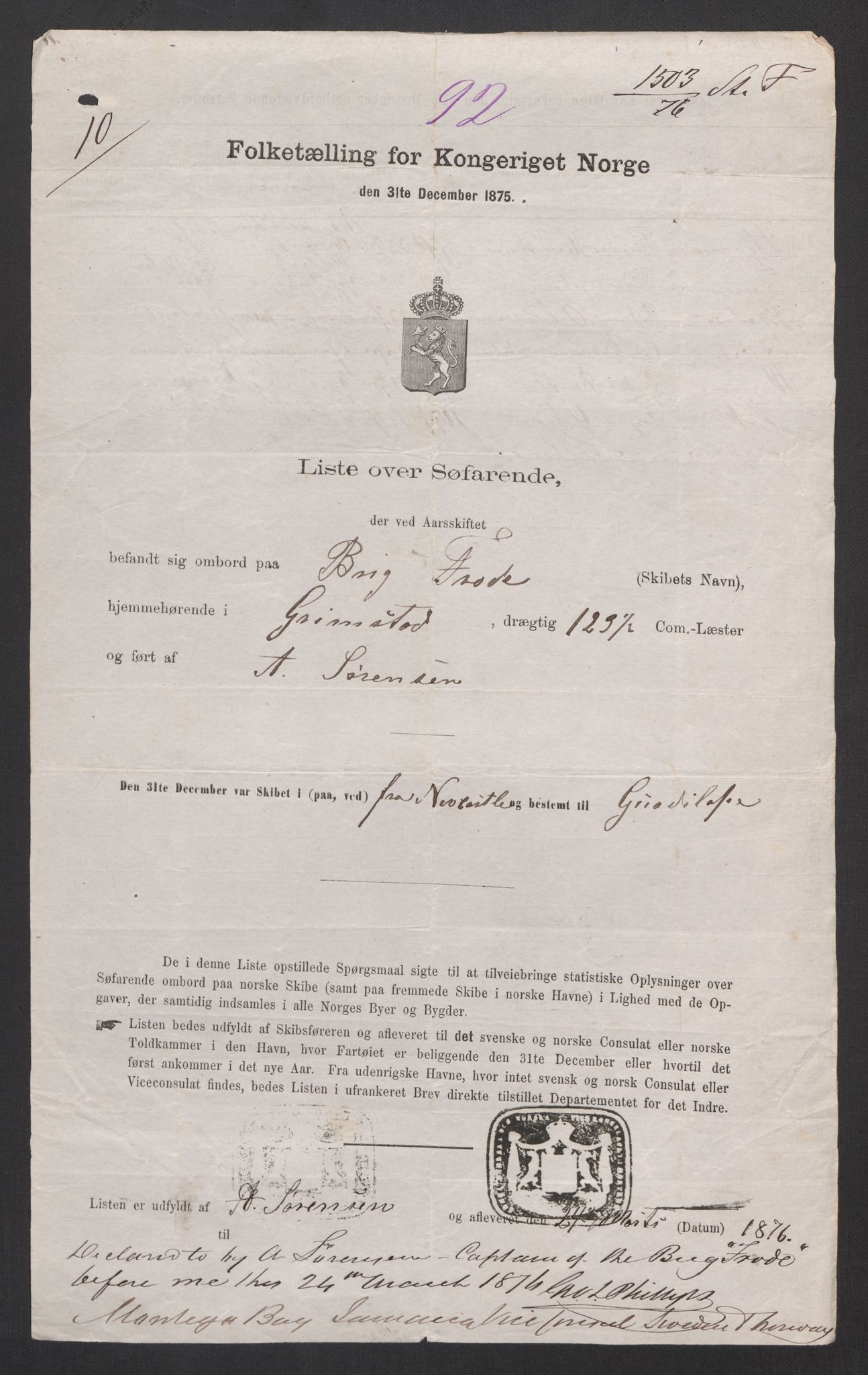 RA, Folketelling 1875, skipslister: Skip i utenrikske havner, hjemmehørende i 1) byer og ladesteder, Grimstad - Tromsø, 2) landdistrikter, 1875, s. 184