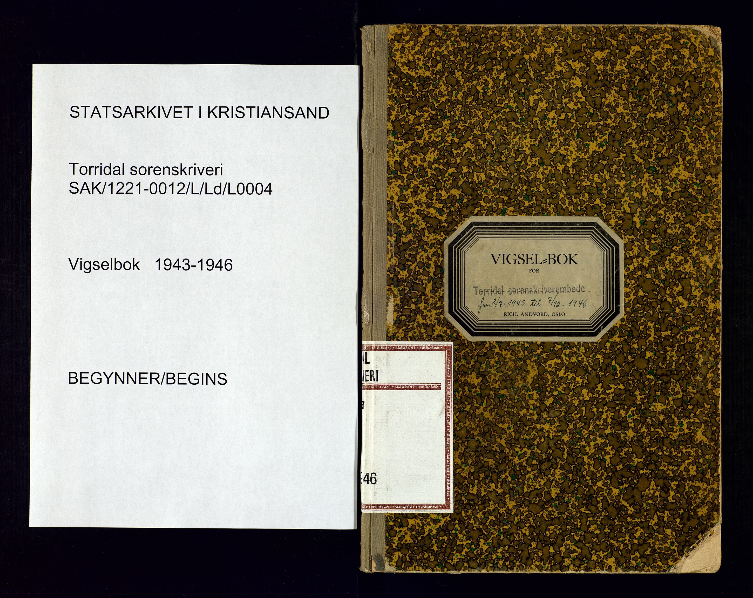 Torridal sorenskriveri, SAK/1221-0012/L/Ld/L0004: Vigselbok nr. 2, 1943-1946