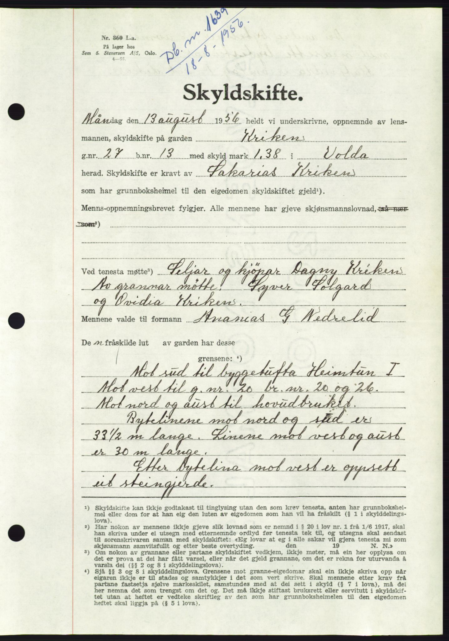 Søre Sunnmøre sorenskriveri, AV/SAT-A-4122/1/2/2C/L0104: Pantebok nr. 30A, 1956-1956, Dagboknr: 1639/1956