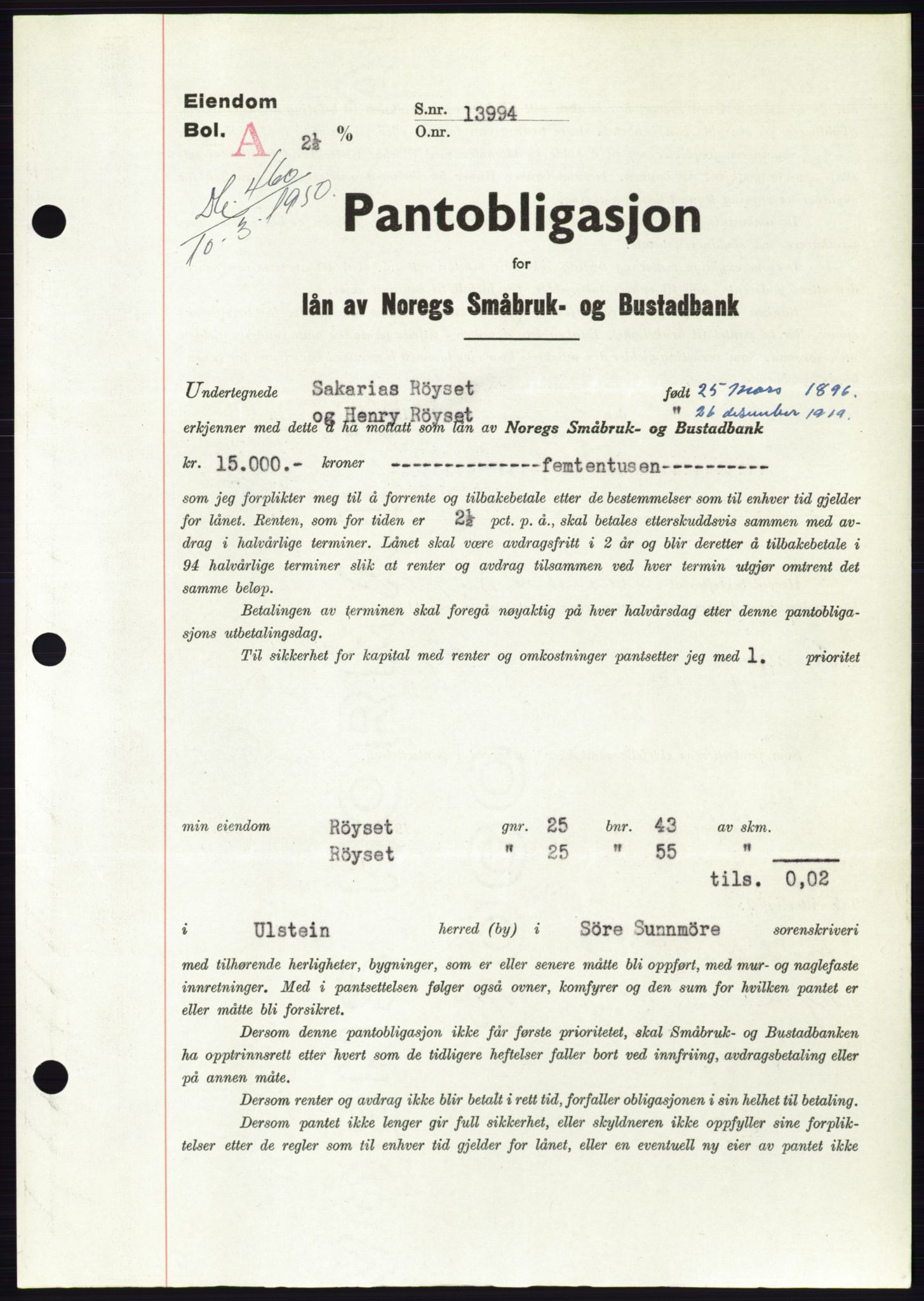Søre Sunnmøre sorenskriveri, SAT/A-4122/1/2/2C/L0118: Pantebok nr. 6B, 1949-1950, Dagboknr: 460/1950