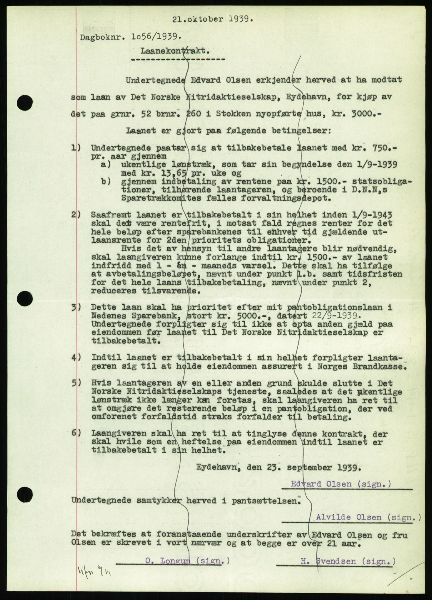 Nedenes sorenskriveri, SAK/1221-0006/G/Gb/Gbb/L0001: Pantebok nr. I, 1939-1942, Dagboknr: 1056/1939