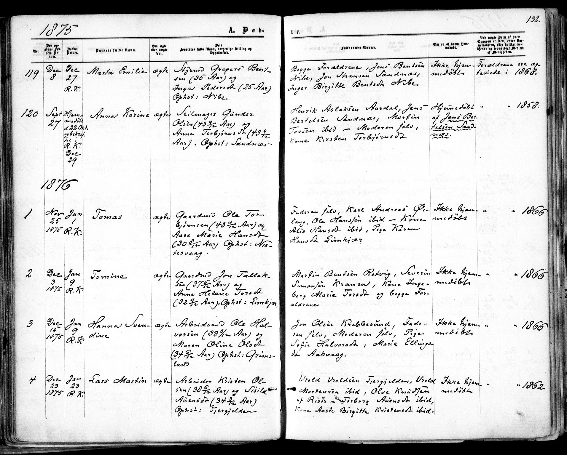 Søndeled sokneprestkontor, AV/SAK-1111-0038/F/Fa/L0003: Ministerialbok nr. A 3, 1861-1879, s. 132