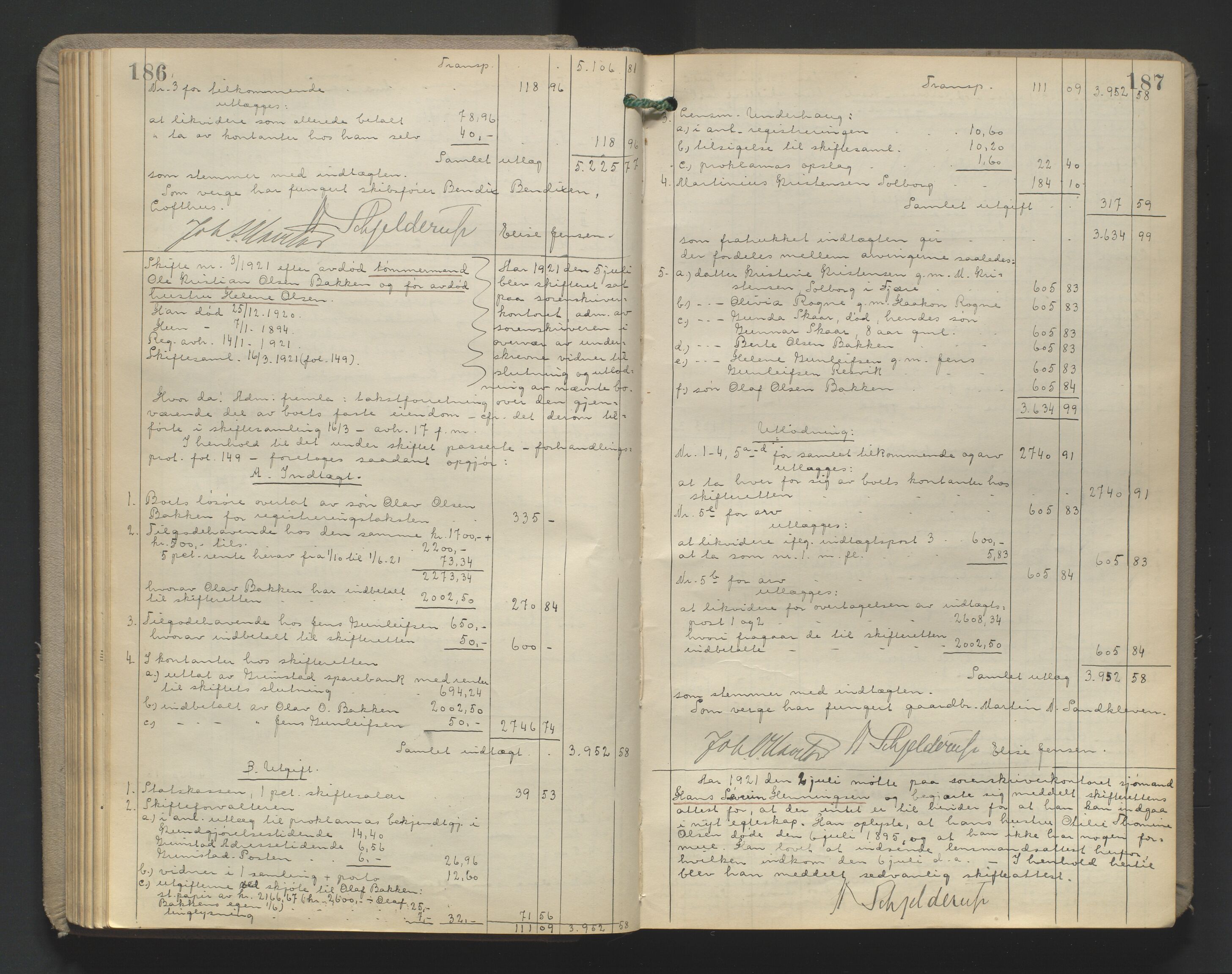Vestre Nedenes/Sand sorenskriveri, AV/SAK-1221-0010/H/Hc/L0022: Skifteutlodningsprotokoll nr. 9, 1919-1932, s. 186-187