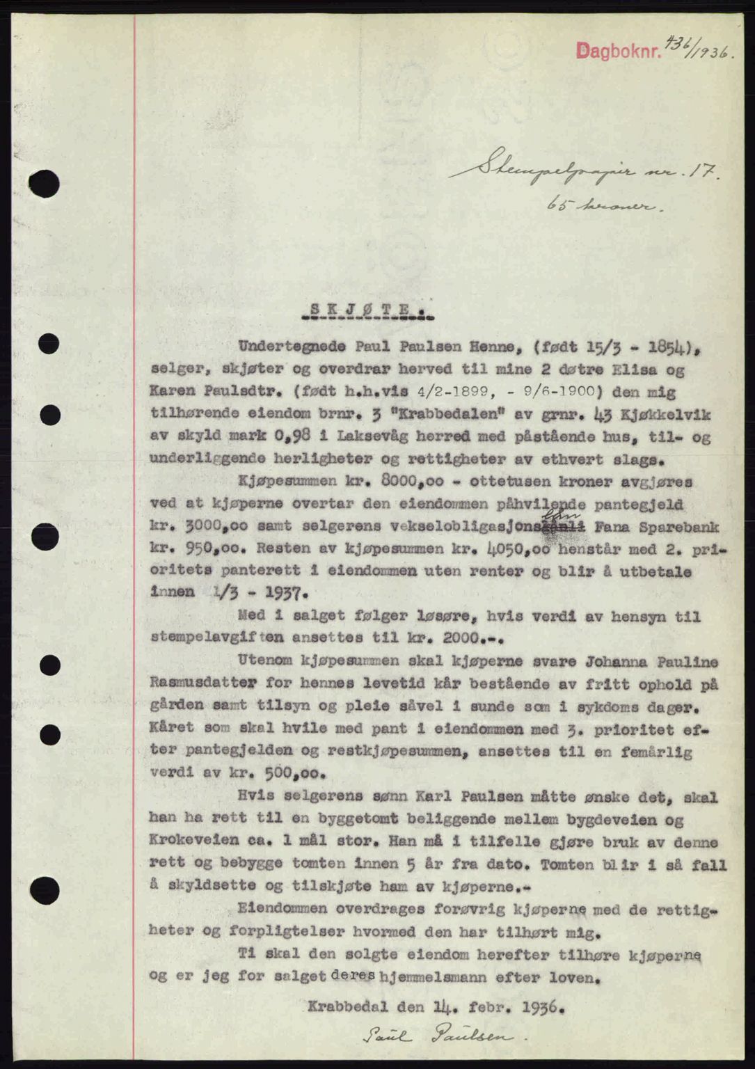Midhordland sorenskriveri, SAB/A-3001/1/G/Gb/Gbk/L0001: Pantebok nr. A1-6, 1936-1937, Dagboknr: 436/1936