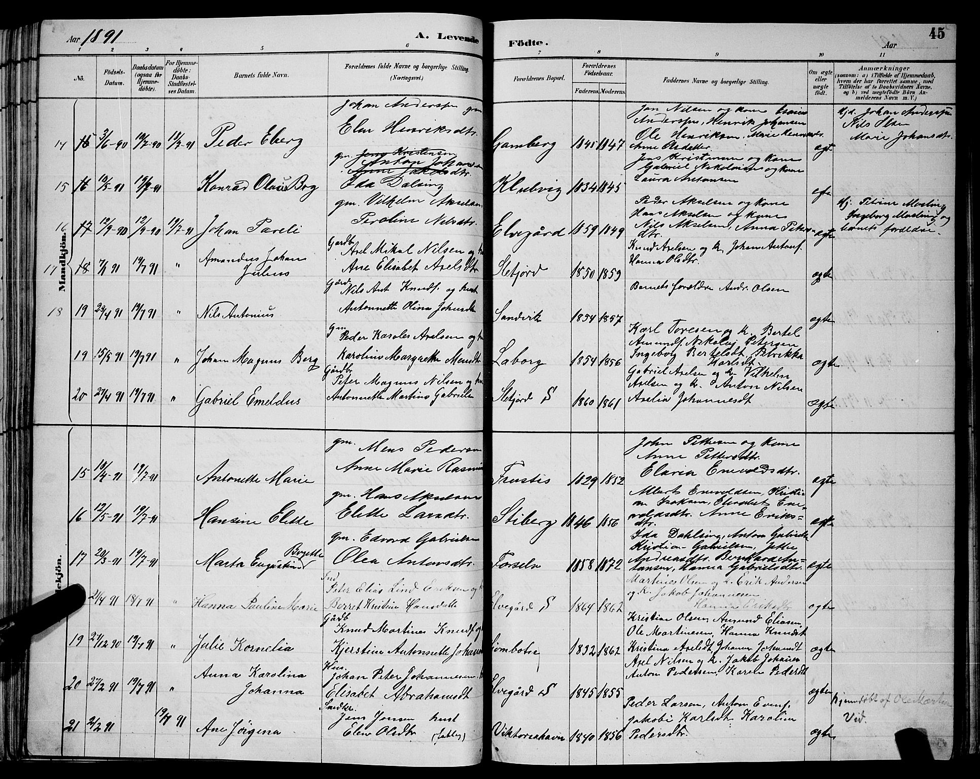 Ministerialprotokoller, klokkerbøker og fødselsregistre - Nordland, AV/SAT-A-1459/866/L0952: Klokkerbok nr. 866C01, 1886-1899, s. 45