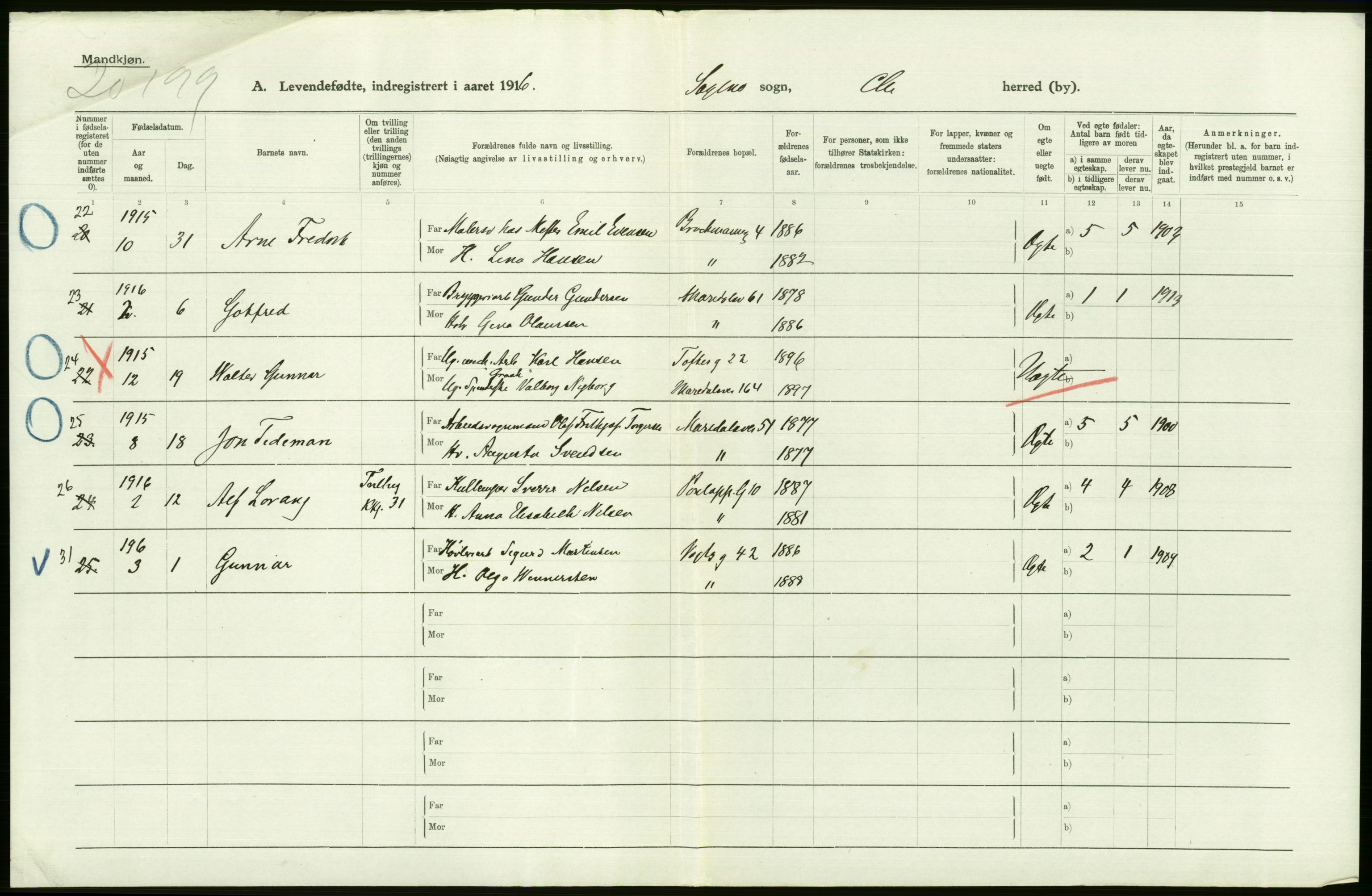 Statistisk sentralbyrå, Sosiodemografiske emner, Befolkning, AV/RA-S-2228/D/Df/Dfb/Dfbf/L0006: Kristiania: Levendefødte menn og kvinner., 1916, s. 224