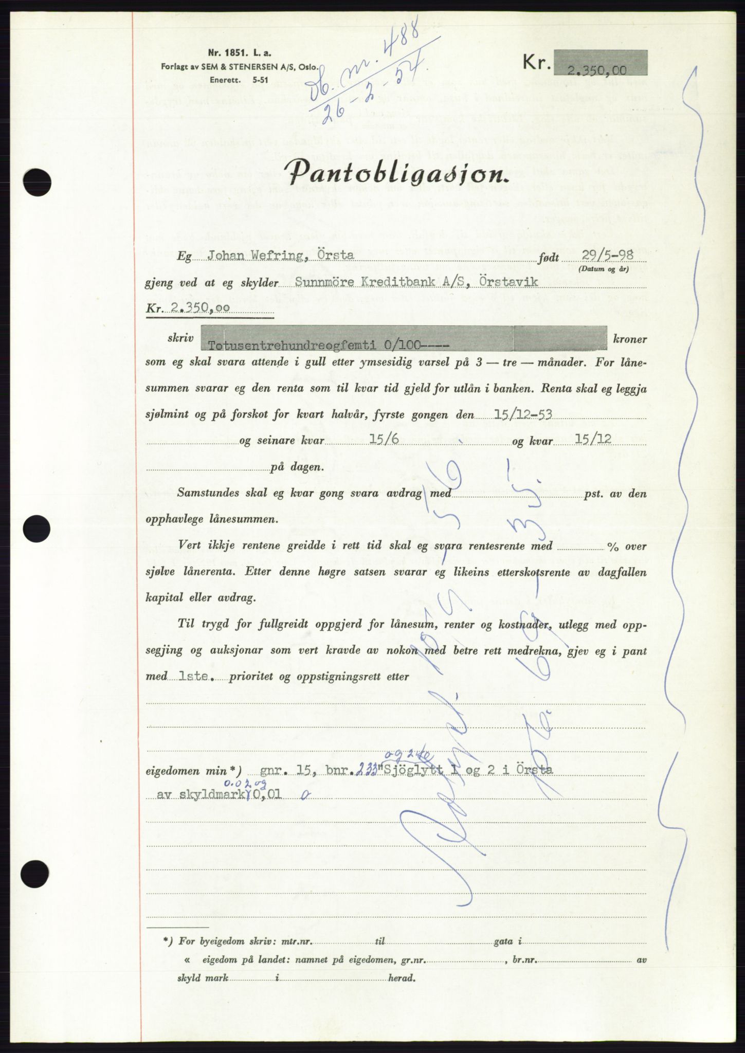 Søre Sunnmøre sorenskriveri, SAT/A-4122/1/2/2C/L0124: Pantebok nr. 12B, 1953-1954, Dagboknr: 488/1954