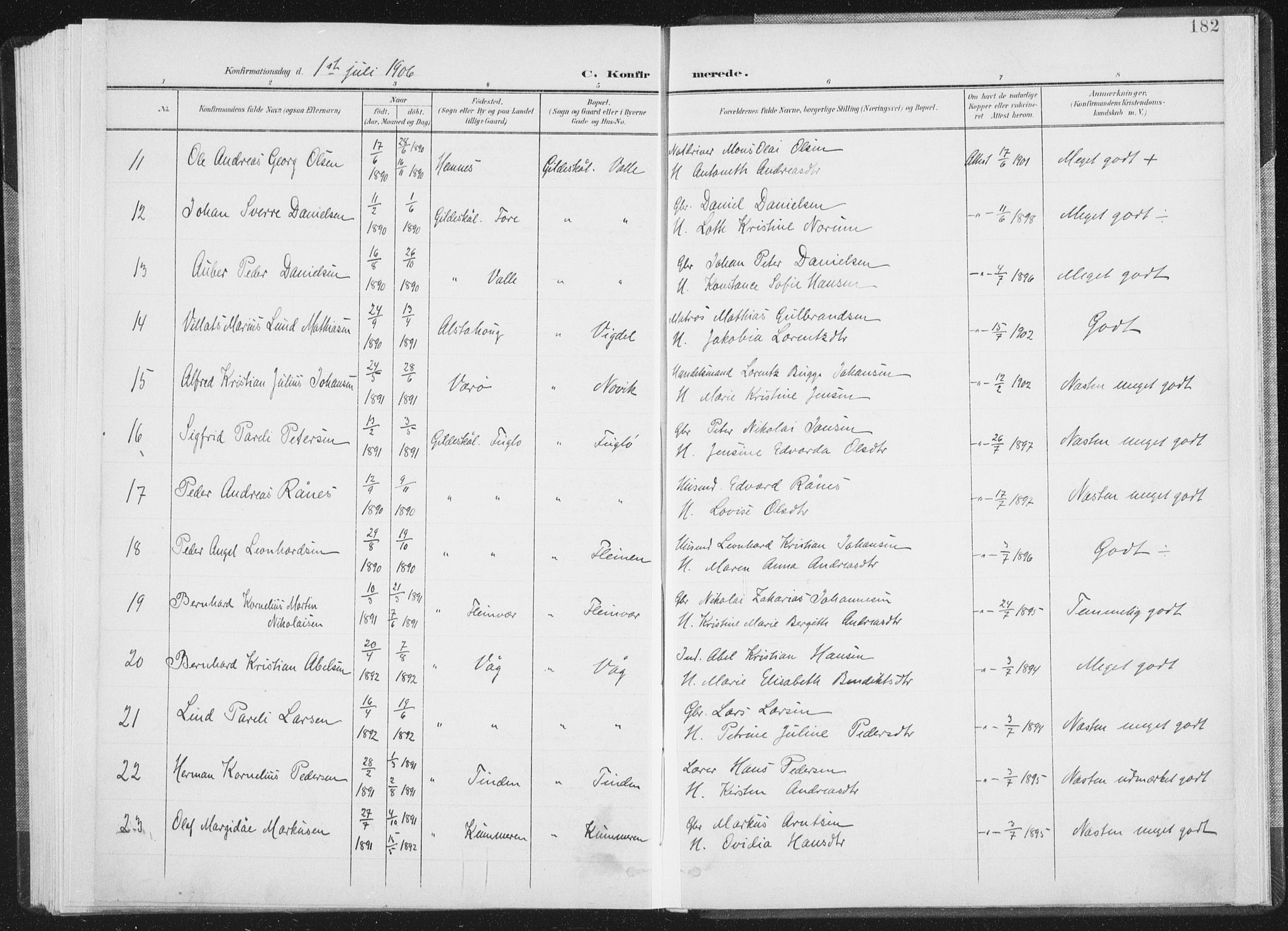 Ministerialprotokoller, klokkerbøker og fødselsregistre - Nordland, AV/SAT-A-1459/805/L0102: Ministerialbok nr. 805A08I, 1900-1909, s. 182