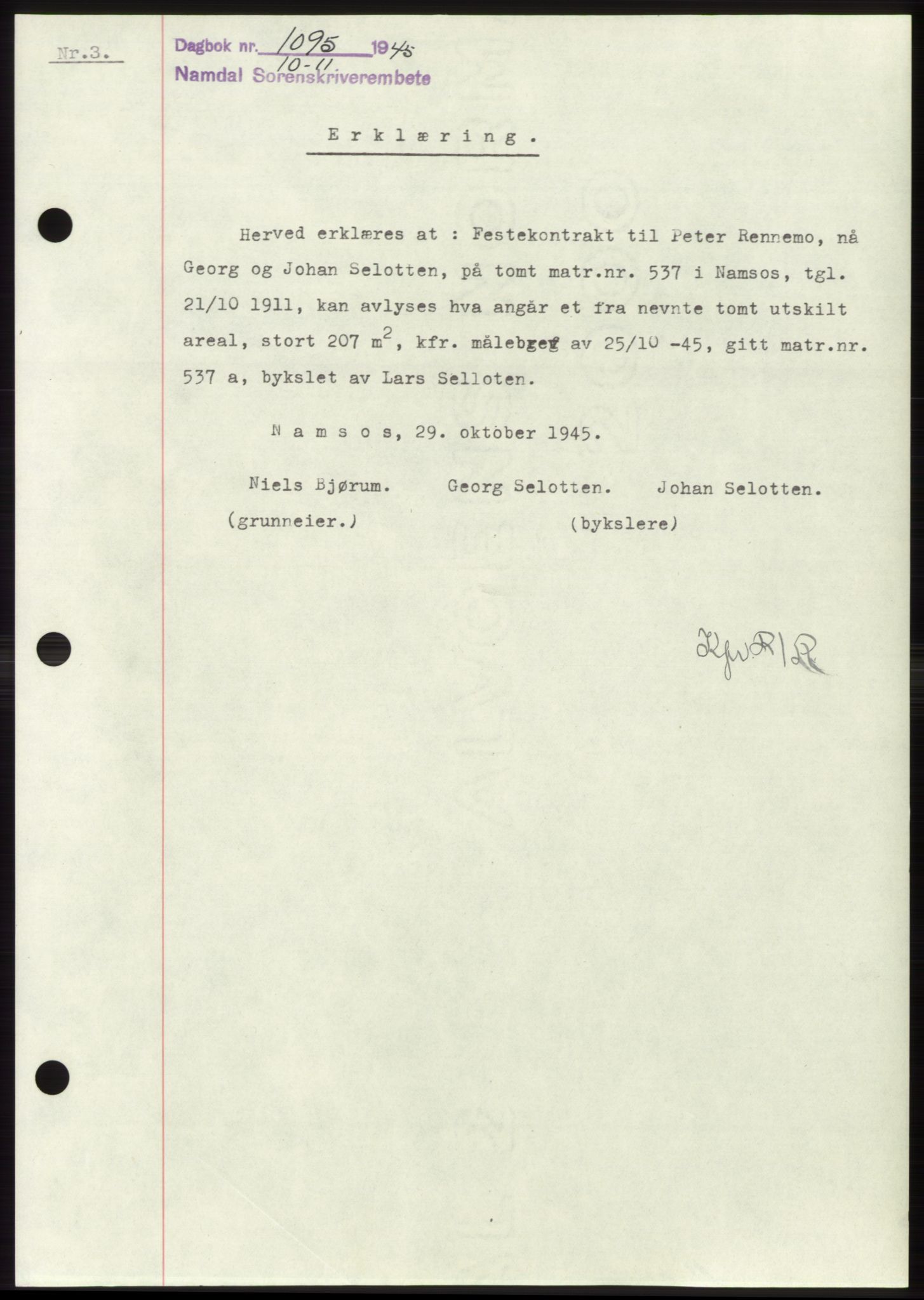 Namdal sorenskriveri, SAT/A-4133/1/2/2C: Pantebok nr. -, 1944-1945, Dagboknr: 1095/1945