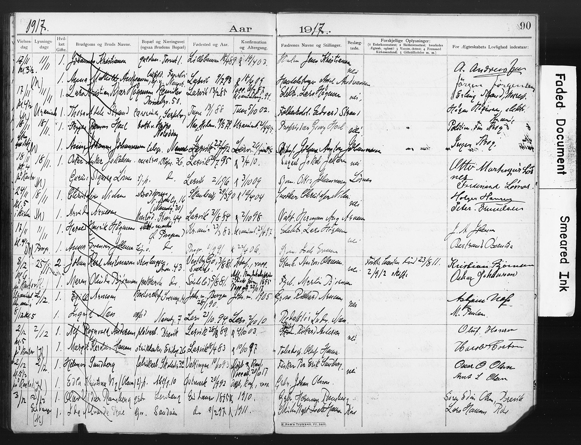 Larvik kirkebøker, AV/SAKO-A-352/H/Ha/L0003: Lysningsprotokoll nr. 3, 1907-1918, s. 90