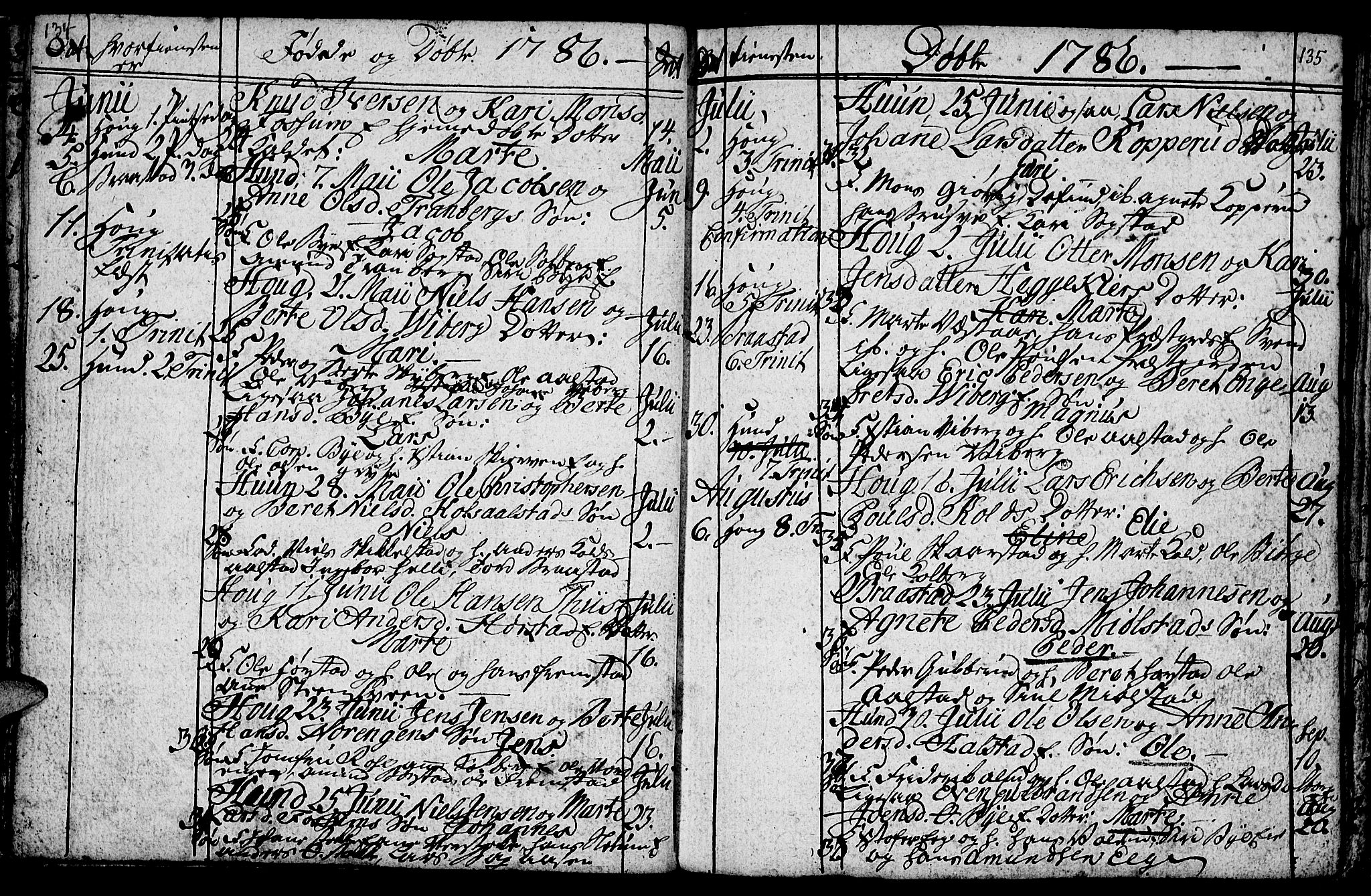 Vardal prestekontor, AV/SAH-PREST-100/H/Ha/Hab/L0001: Klokkerbok nr. 1, 1771-1790, s. 134-135