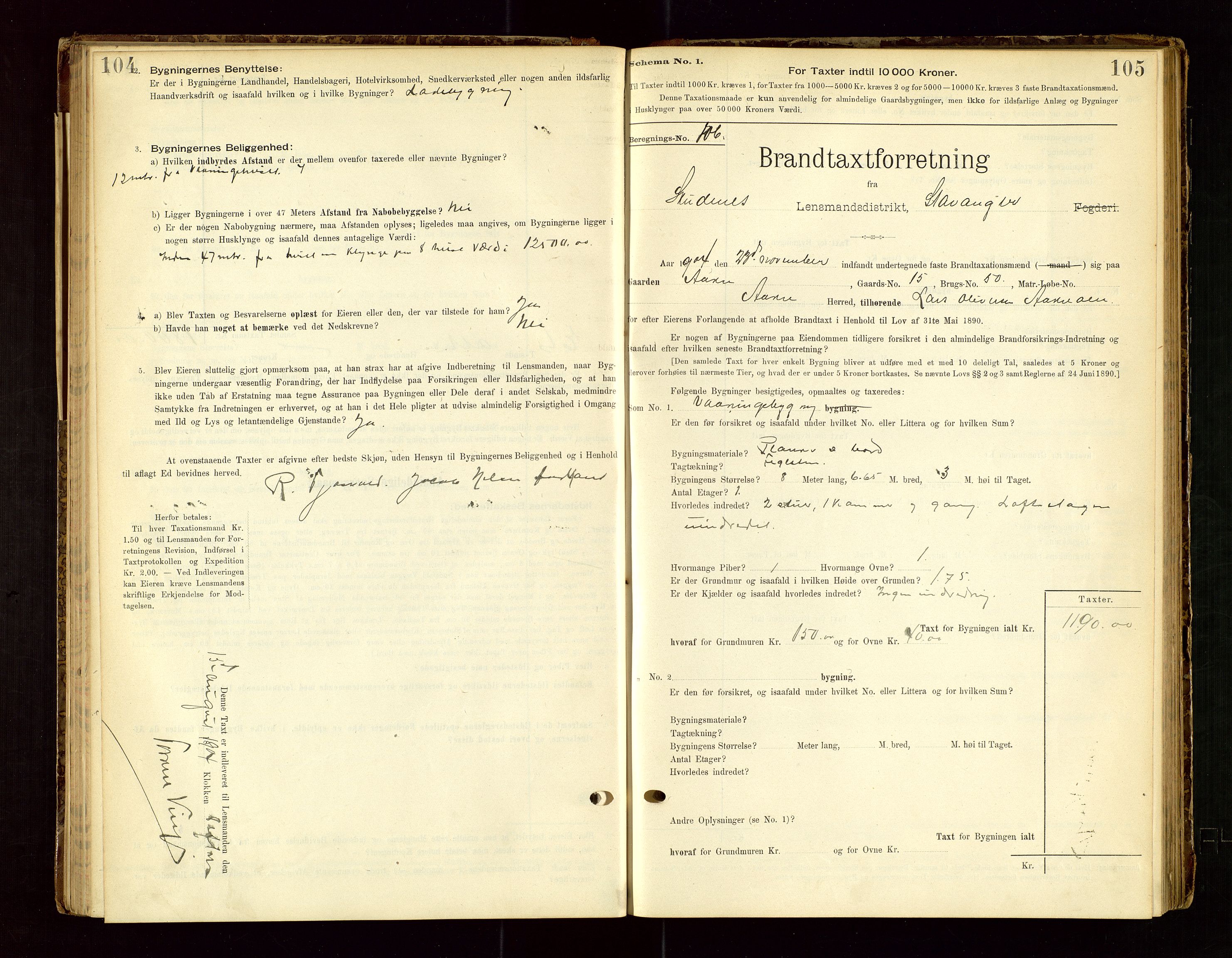 Skudenes lensmannskontor, SAST/A-100444/Gob/L0001: "Brandtaxationsprotokoll", 1895-1924, s. 104-105