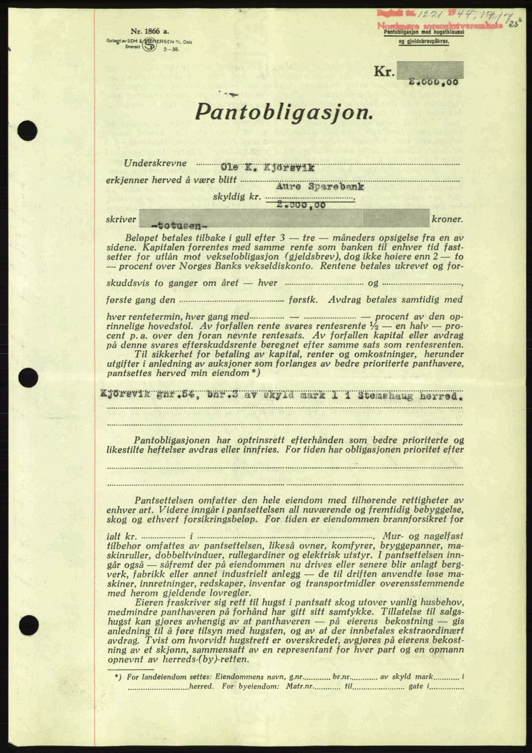 Nordmøre sorenskriveri, AV/SAT-A-4132/1/2/2Ca: Pantebok nr. B92, 1944-1945, Dagboknr: 1221/1944