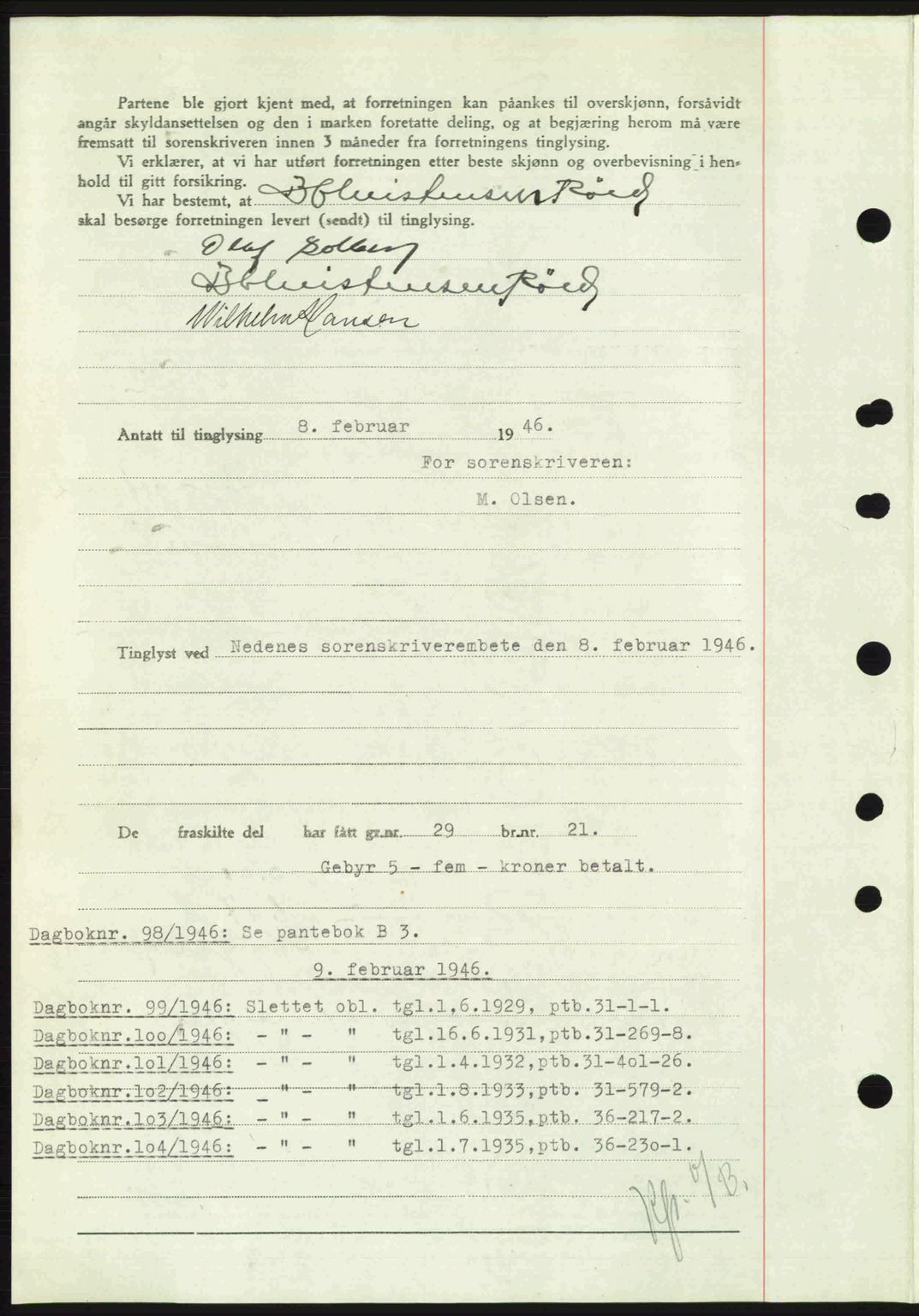 Nedenes sorenskriveri, SAK/1221-0006/G/Gb/Gba/L0054: Pantebok nr. A6c, 1946-1946, Dagboknr: 97/1946