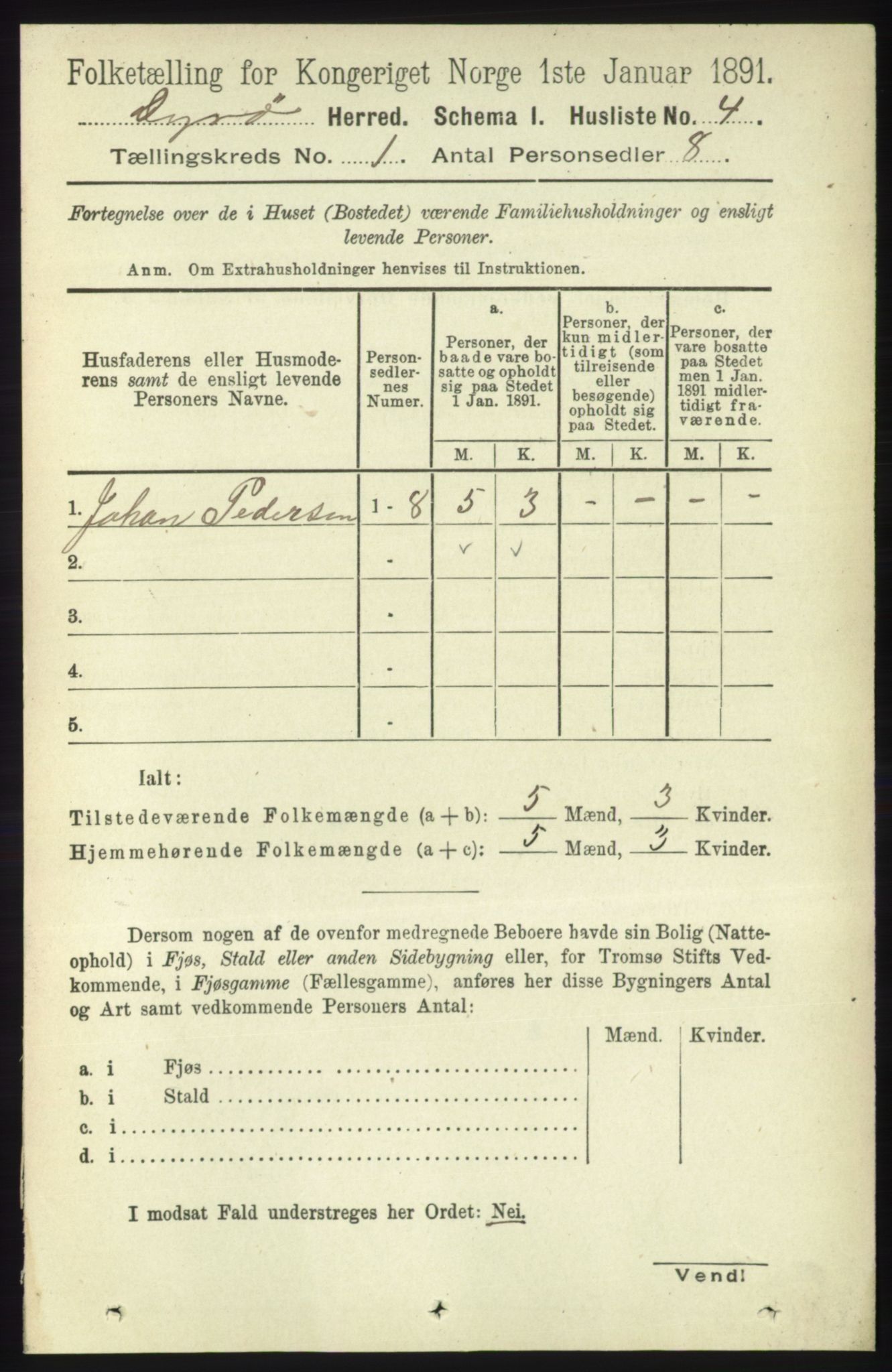 RA, Folketelling 1891 for 1926 Dyrøy herred, 1891, s. 19