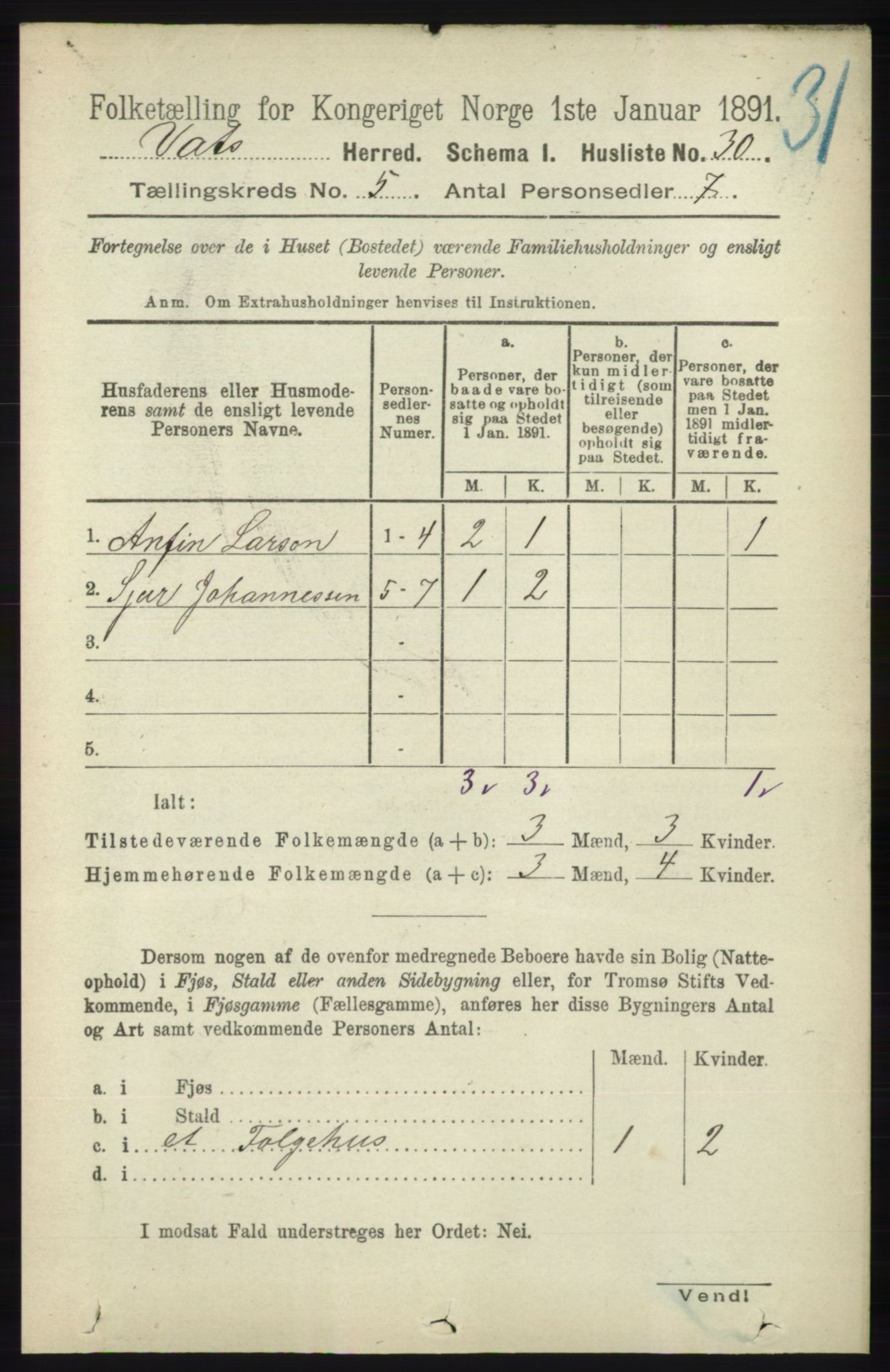 RA, Folketelling 1891 for 1155 Vats herred, 1891, s. 726