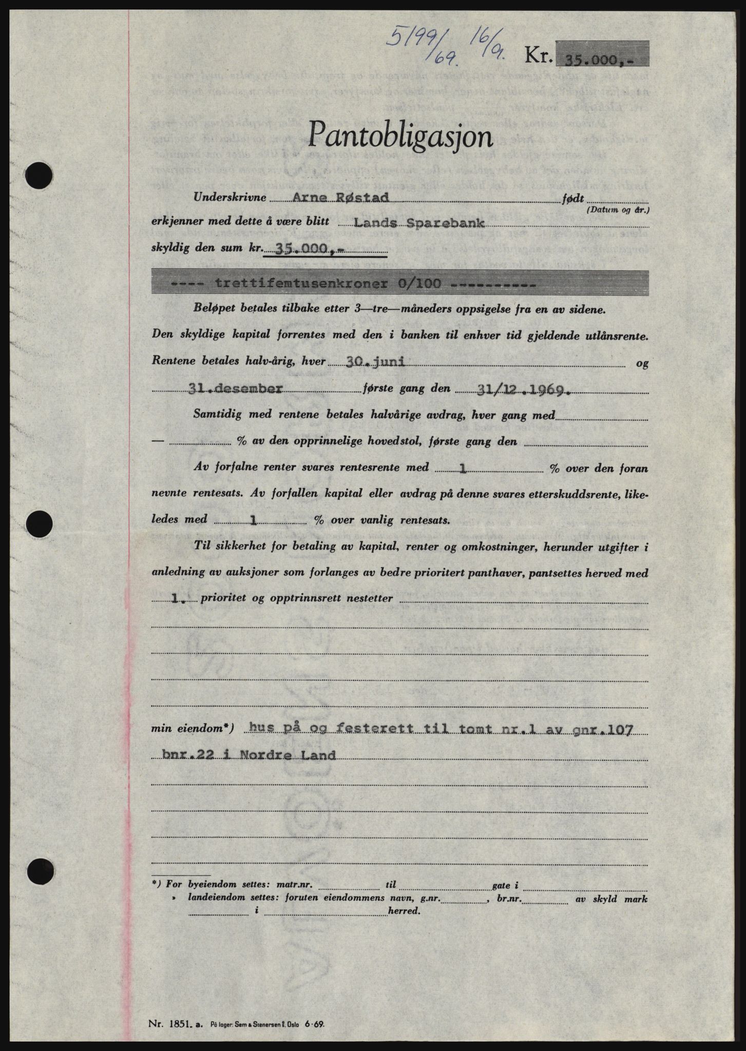 Hadeland og Land tingrett, SAH/TING-010/H/Hb/Hbc/L0074: Pantebok nr. B74, 1969-1969, Dagboknr: 5199/1969