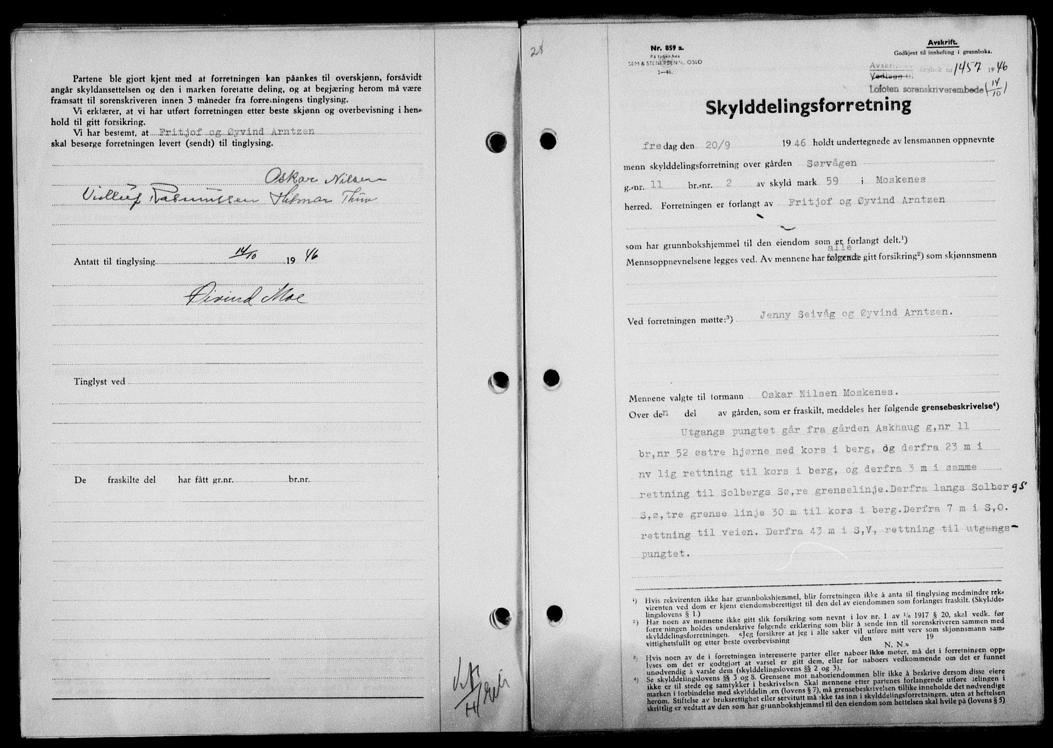 Lofoten sorenskriveri, SAT/A-0017/1/2/2C/L0014a: Pantebok nr. 14a, 1946-1946, Dagboknr: 1457/1946