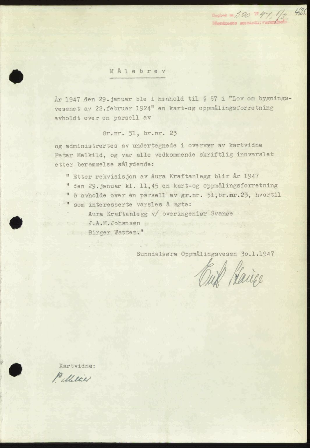 Nordmøre sorenskriveri, SAT/A-4132/1/2/2Ca: Pantebok nr. A104, 1947-1947, Dagboknr: 520/1947