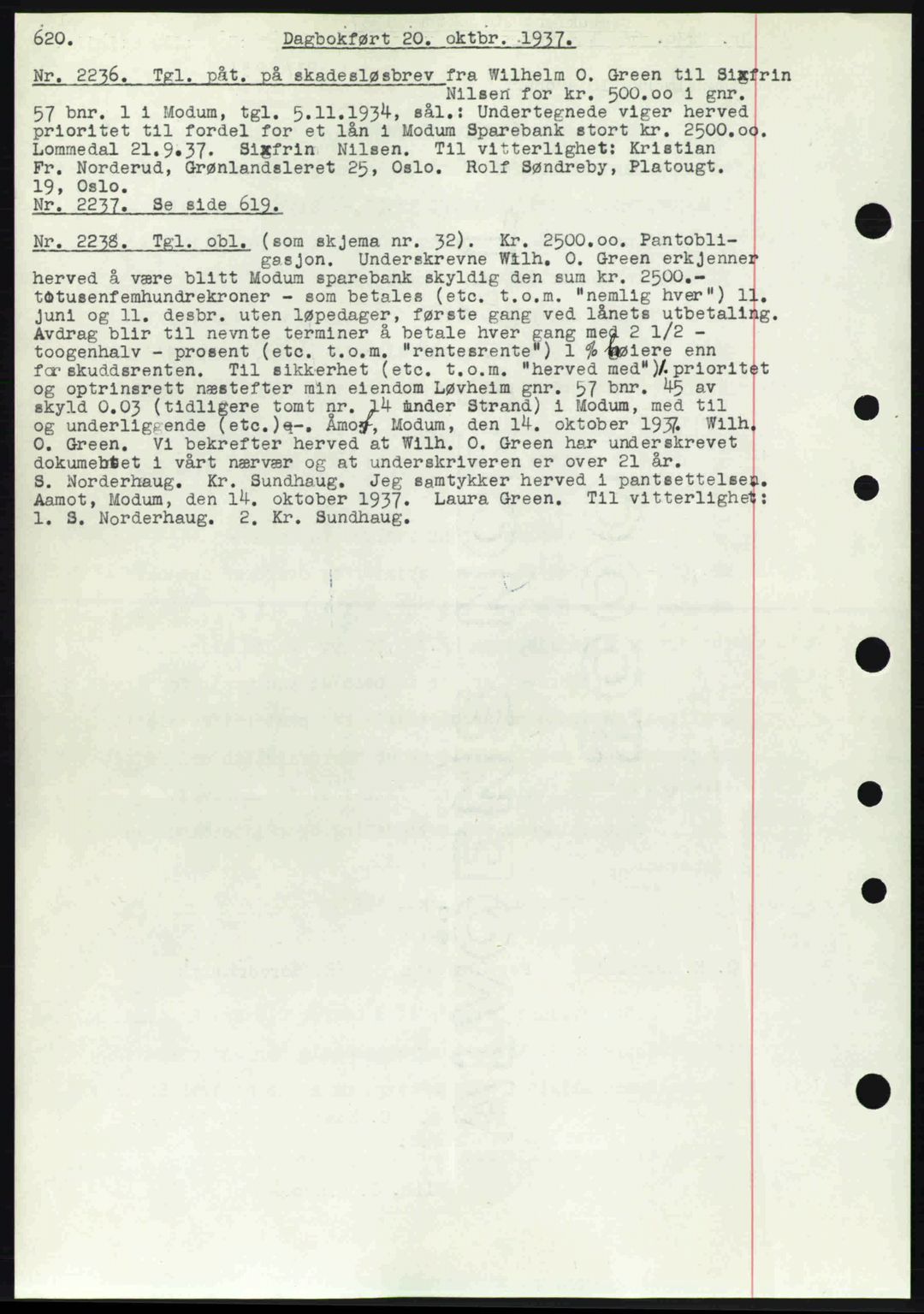 Eiker, Modum og Sigdal sorenskriveri, SAKO/A-123/G/Ga/Gab/L0036: Pantebok nr. A6, 1937-1937, Dagboknr: 2238/1937