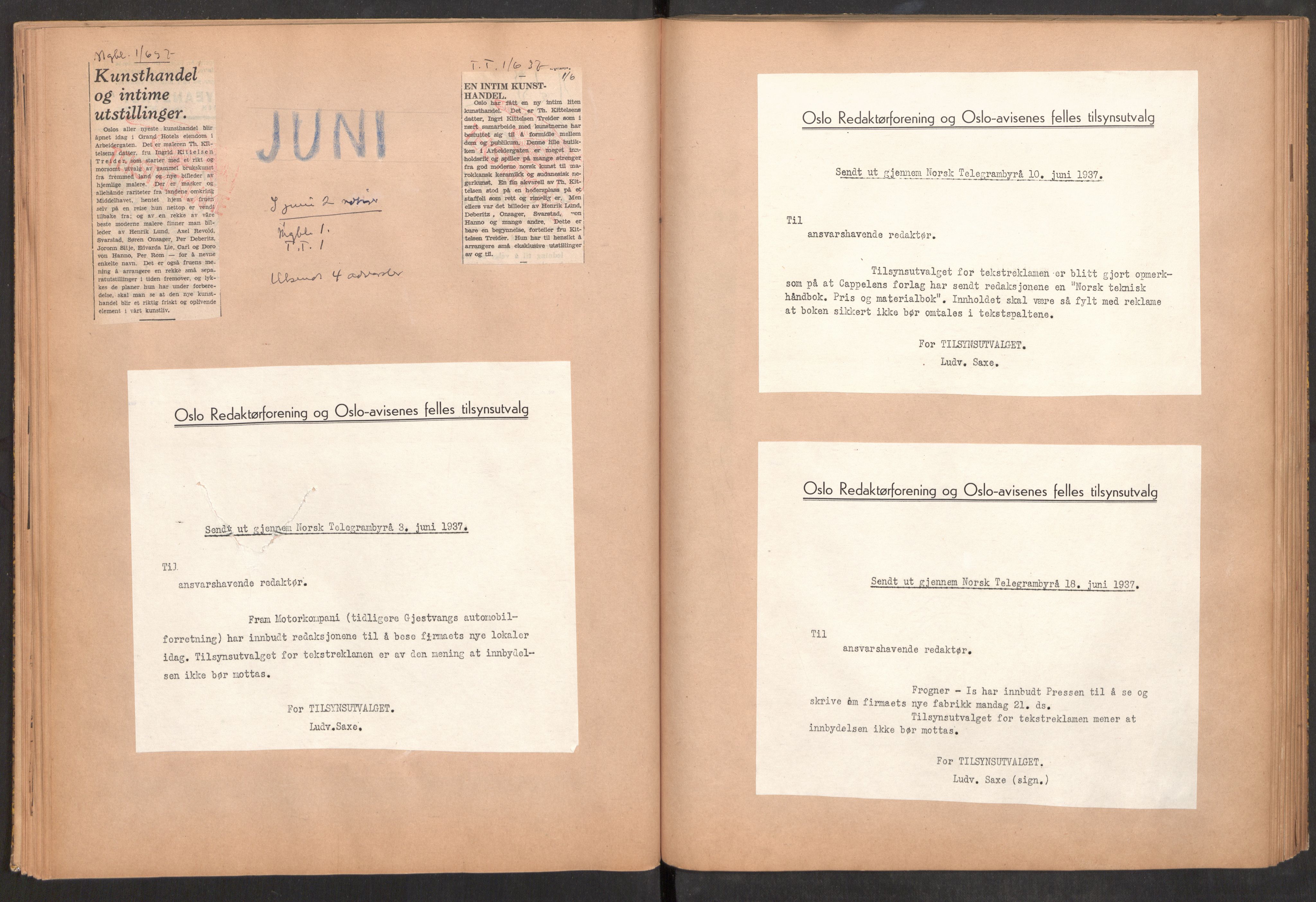 Tekstreklameutvalget, AV/RA-PA-0854/A/Aa/L0009: Meldinger til avisene, avisutklipp stemplet med den røde hånd, 1936-1938