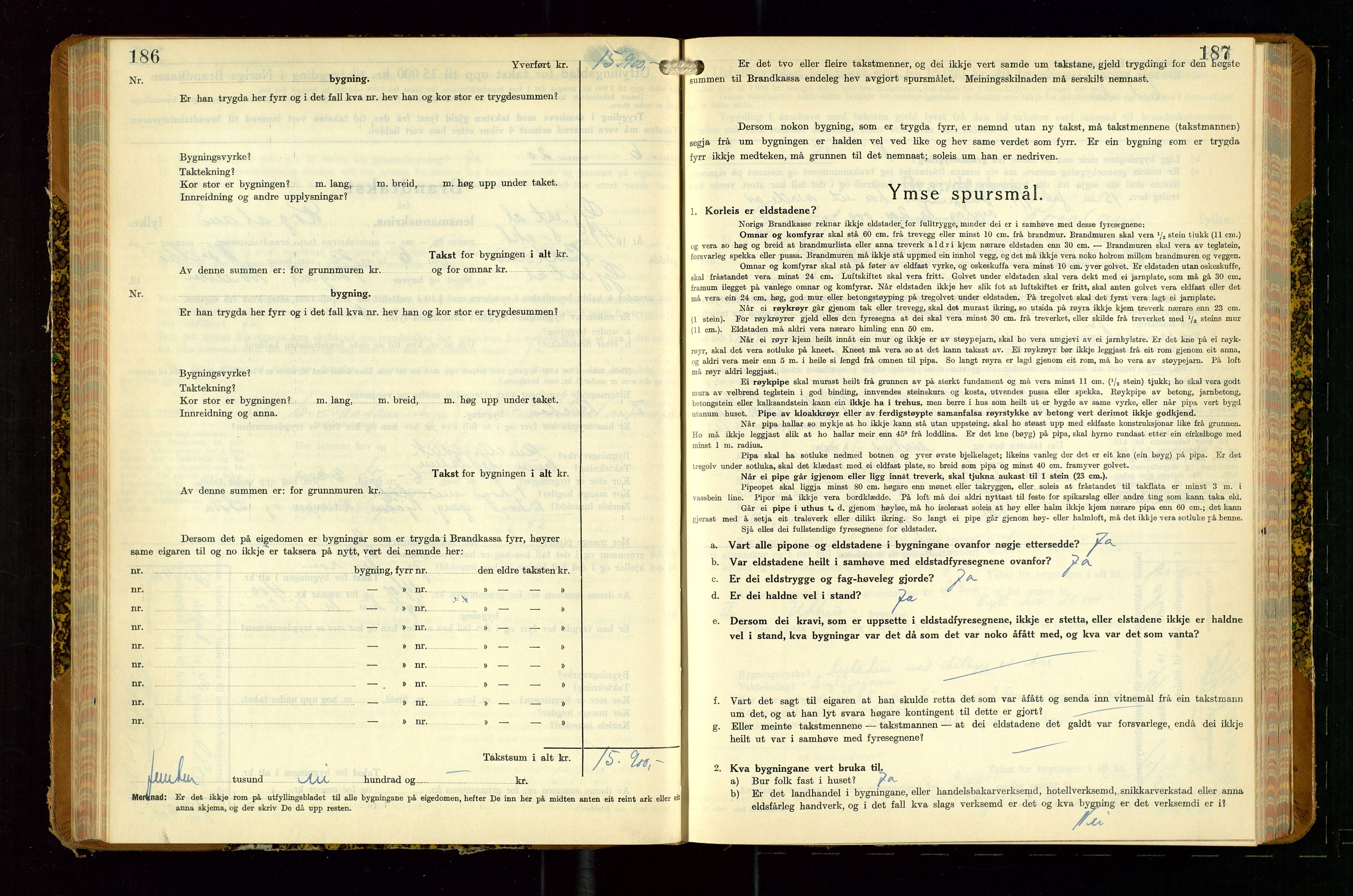 Gjesdal lensmannskontor, SAST/A-100441/Go/L0008: Branntakstskjemaprotokoll, 1937-1955, s. 186-187