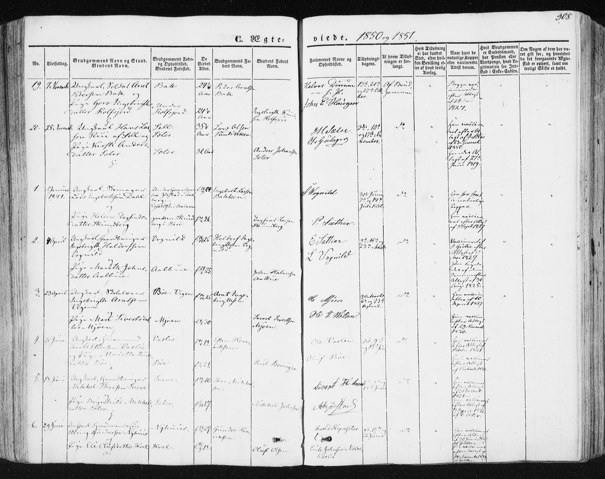 Ministerialprotokoller, klokkerbøker og fødselsregistre - Sør-Trøndelag, AV/SAT-A-1456/678/L0899: Ministerialbok nr. 678A08, 1848-1872, s. 308