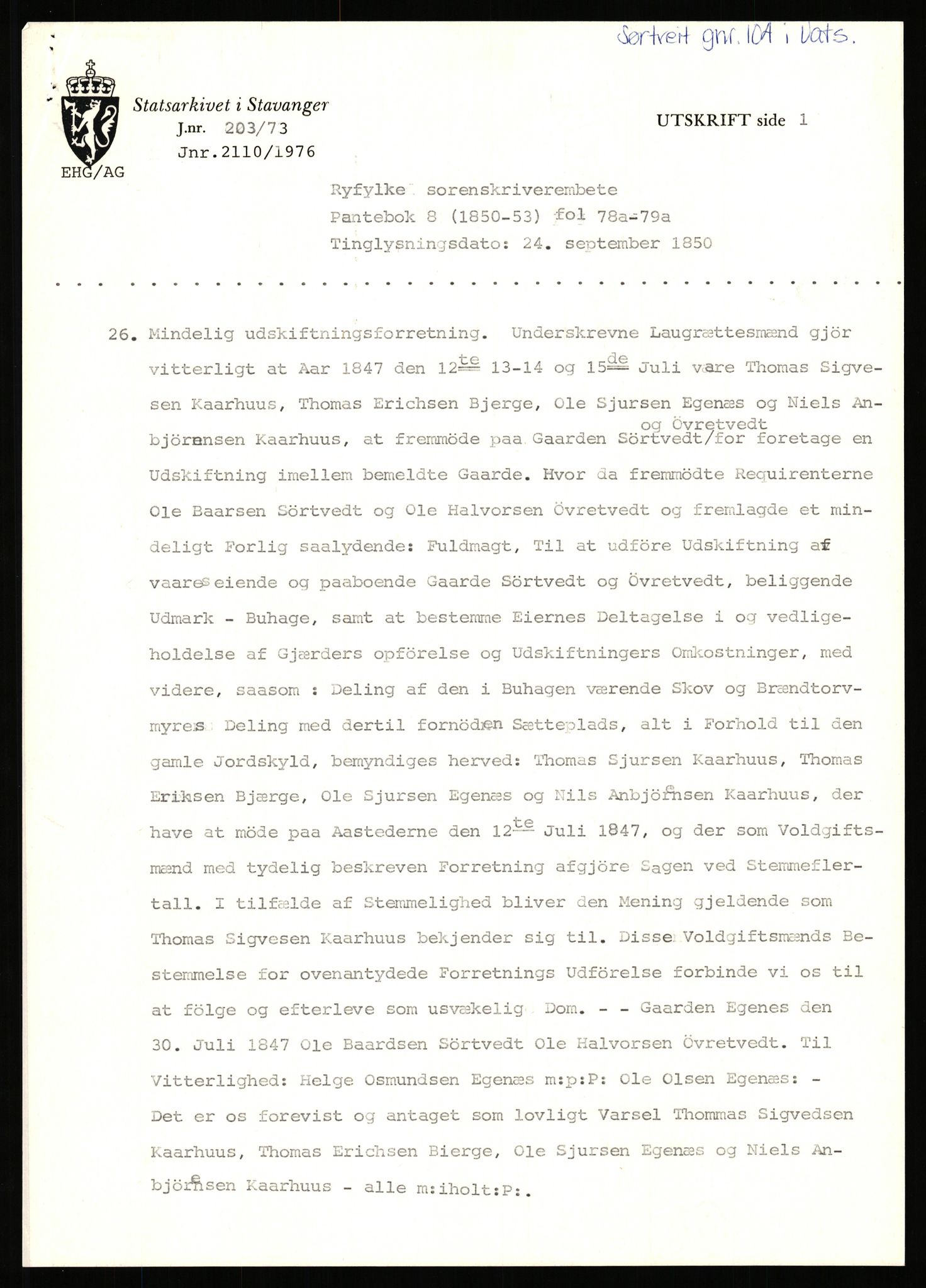 Statsarkivet i Stavanger, SAST/A-101971/03/Y/Yj/L0085: Avskrifter sortert etter gårdsnavn: Sørhus - Tastad øvre, 1750-1930, s. 106