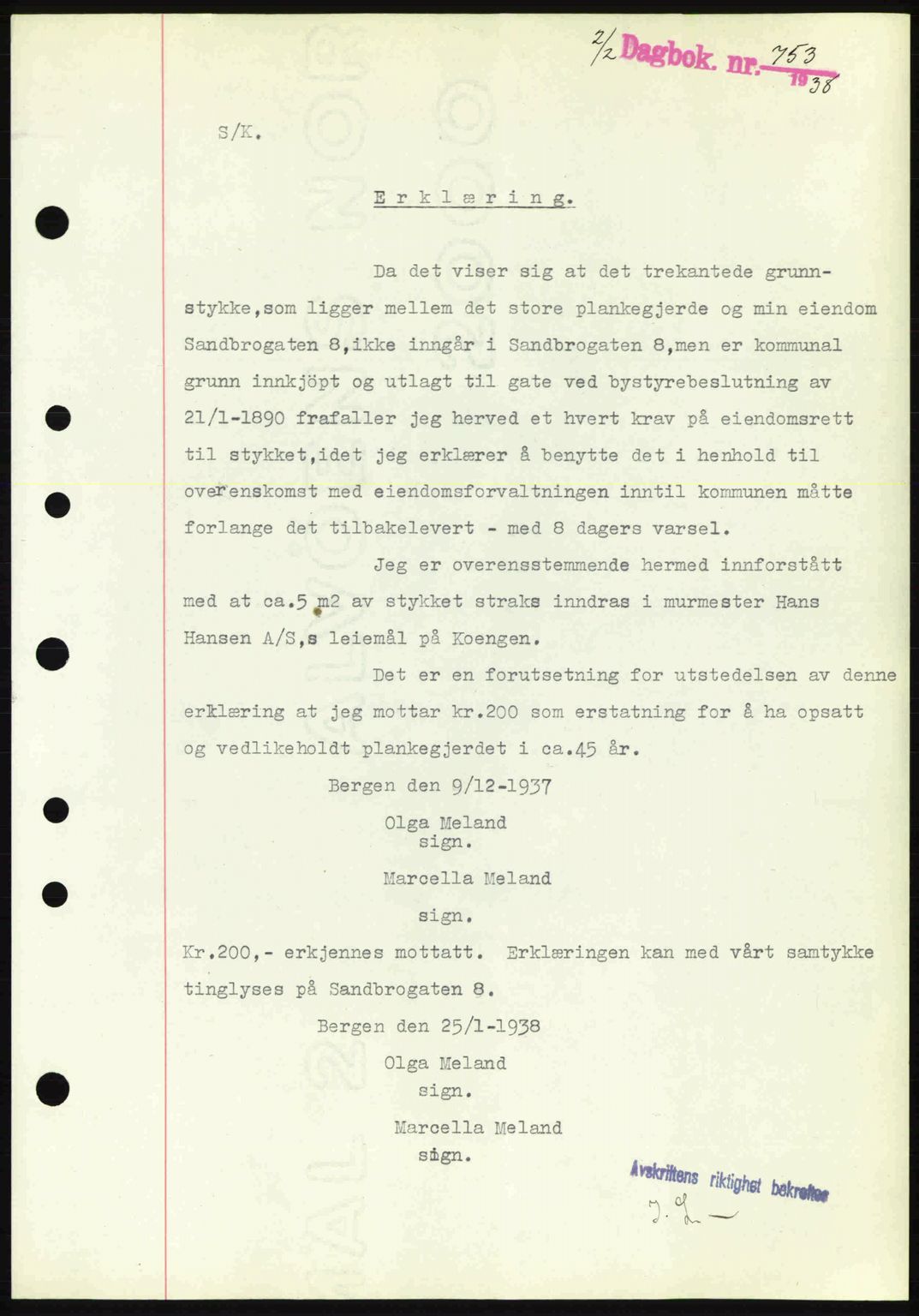 Byfogd og Byskriver i Bergen, SAB/A-3401/03/03Bc/L0006: Pantebok nr. A5, 1937-1938, Dagboknr: 753/1938