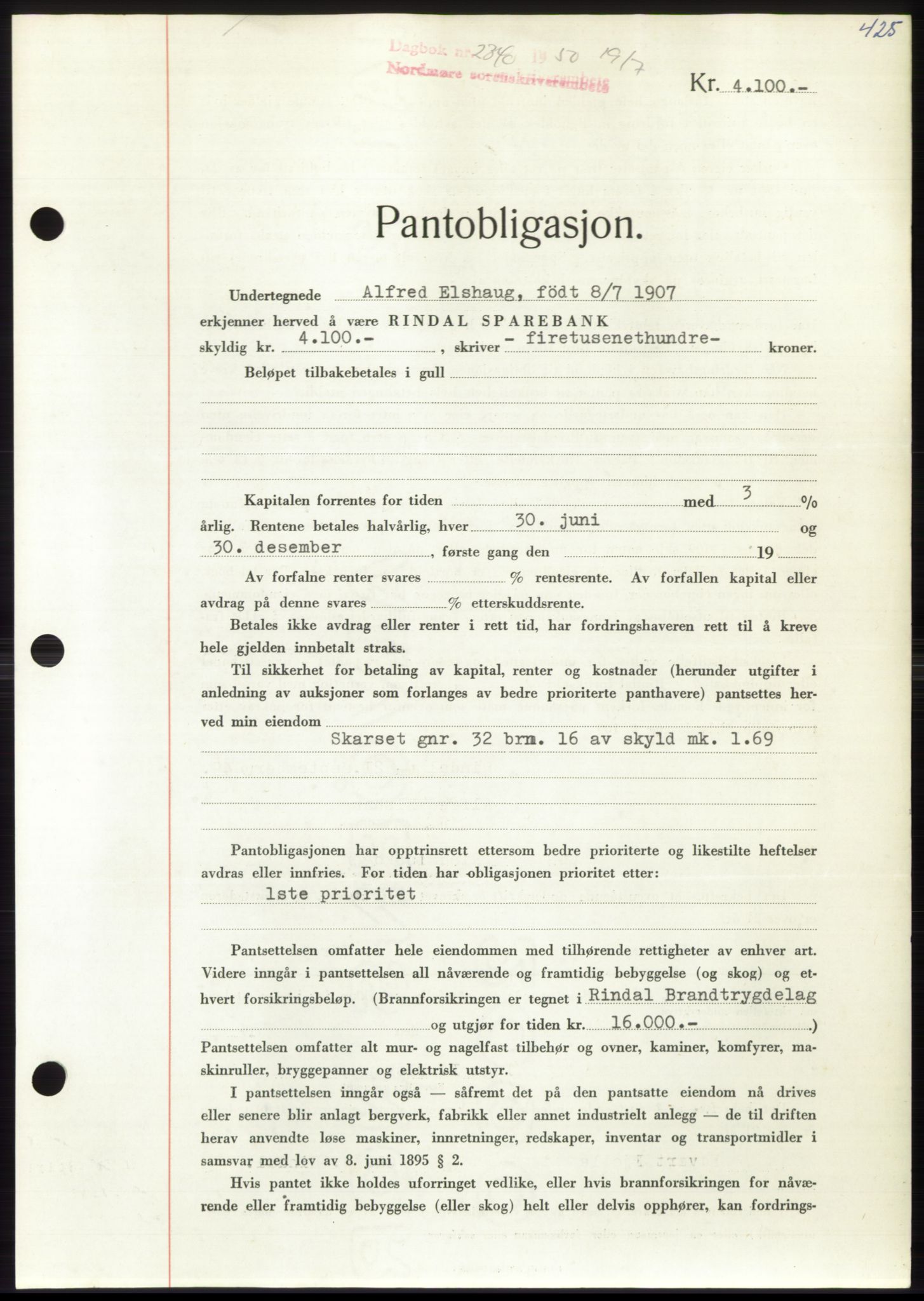 Nordmøre sorenskriveri, AV/SAT-A-4132/1/2/2Ca: Pantebok nr. B105, 1950-1950, Dagboknr: 2340/1950