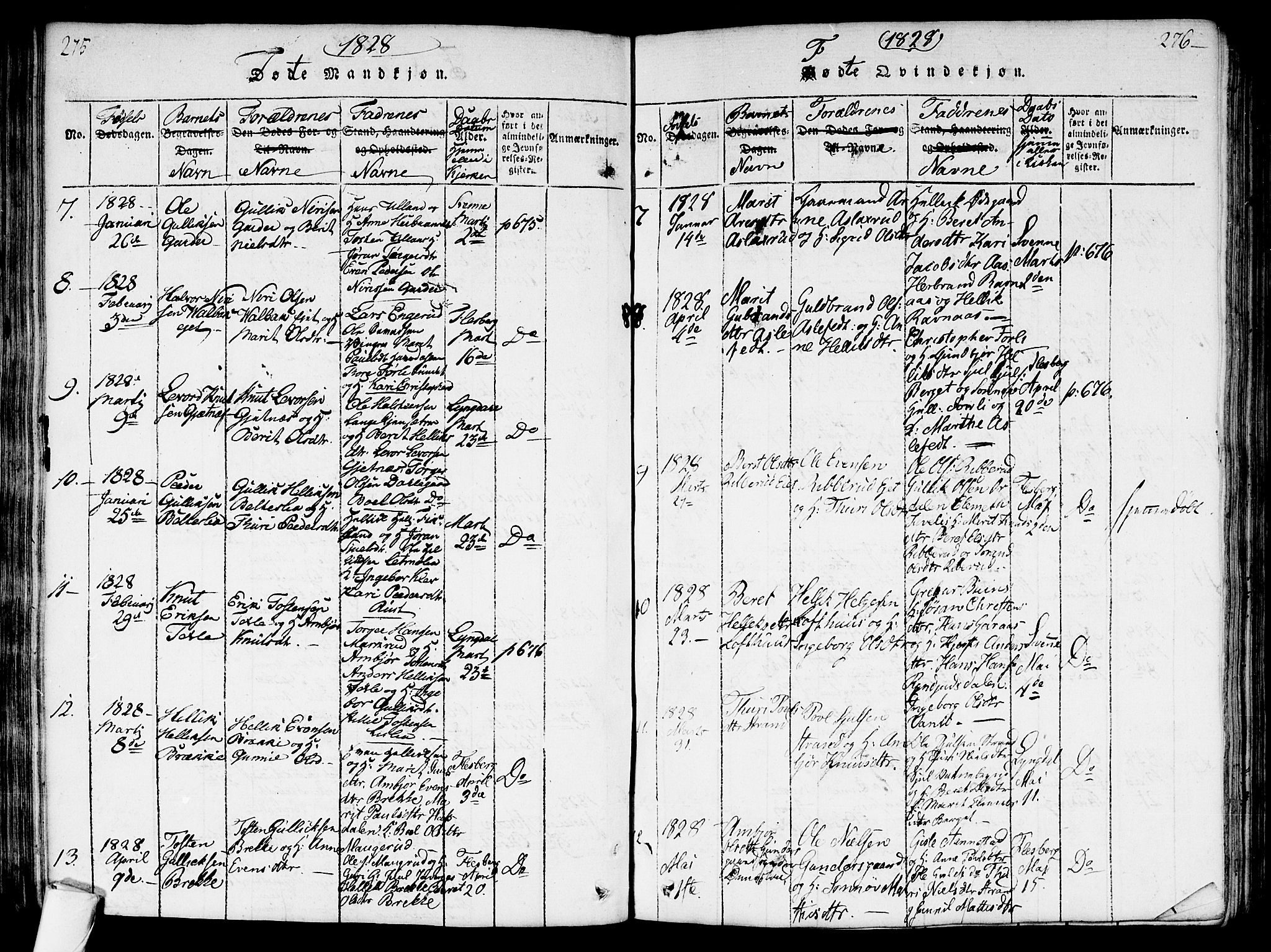 Flesberg kirkebøker, AV/SAKO-A-18/G/Ga/L0001: Klokkerbok nr. I 1, 1816-1834, s. 275-276