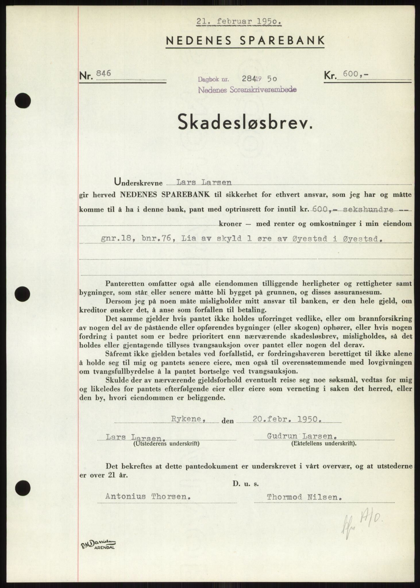 Nedenes sorenskriveri, SAK/1221-0006/G/Gb/Gbb/L0007: Pantebok nr. B7, 1949-1950, Dagboknr: 284/1950