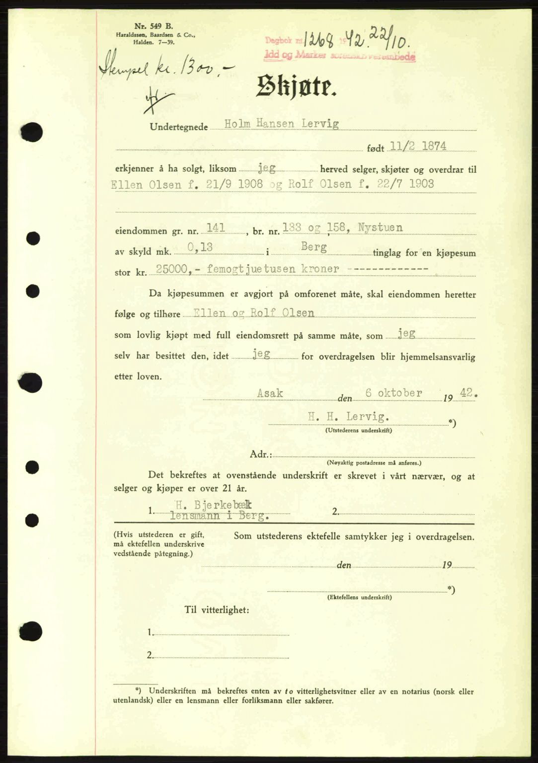 Idd og Marker sorenskriveri, AV/SAO-A-10283/G/Gb/Gbb/L0005: Pantebok nr. A5, 1941-1943, Dagboknr: 1268/1942