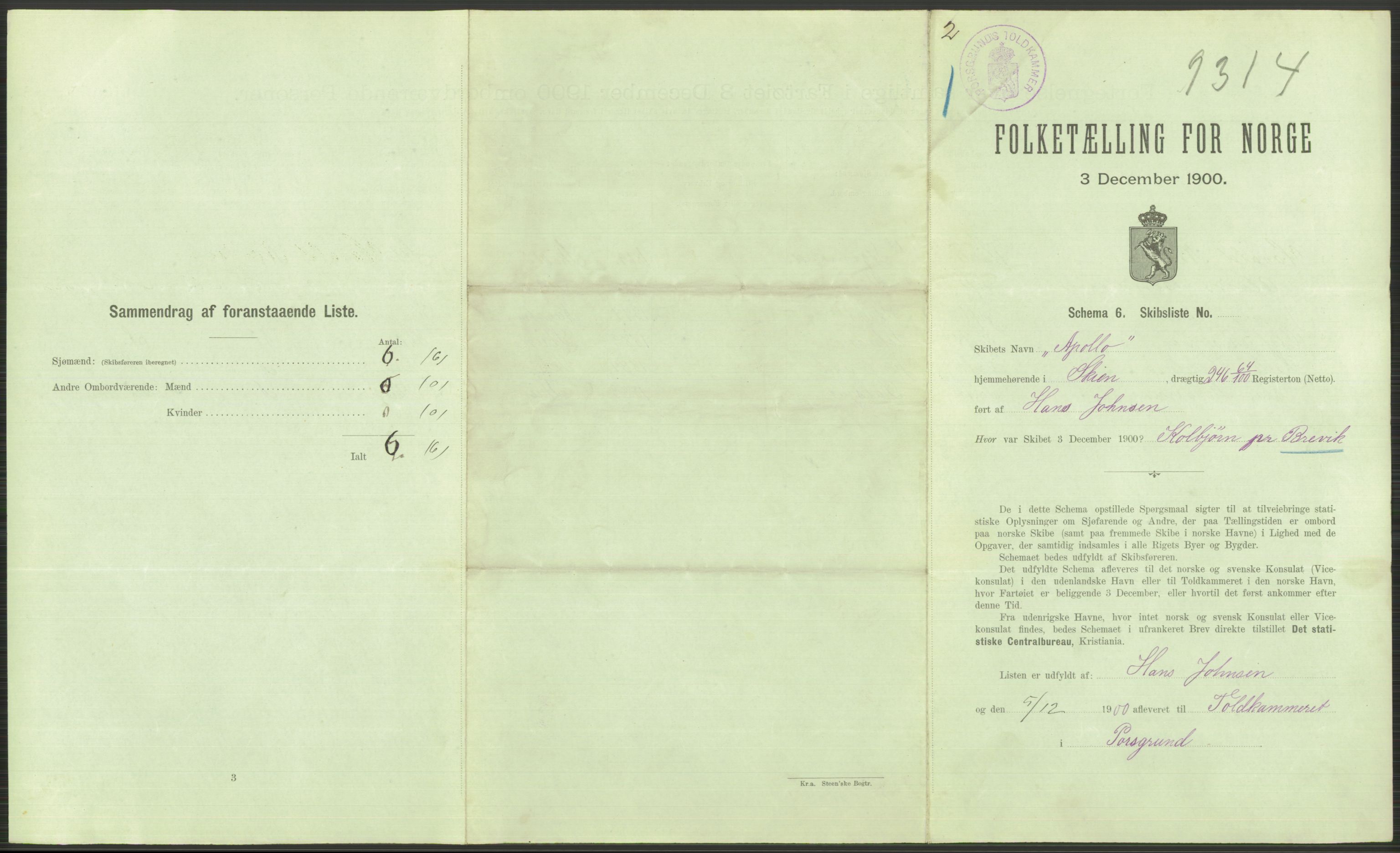 RA, Folketelling 1900 - skipslister med personlister for skip i norske havner, utenlandske havner og til havs, 1900, s. 597