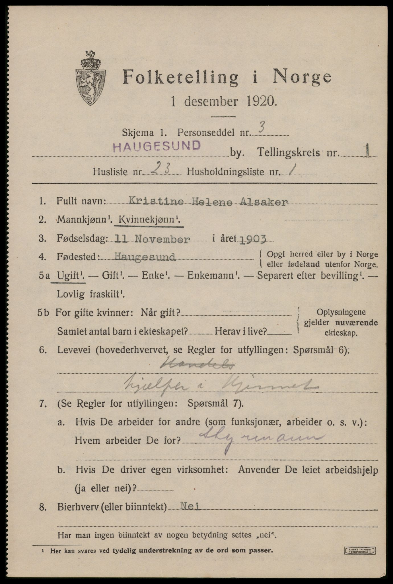 SAST, Folketelling 1920 for 1106 Haugesund kjøpstad, 1920, s. 11907