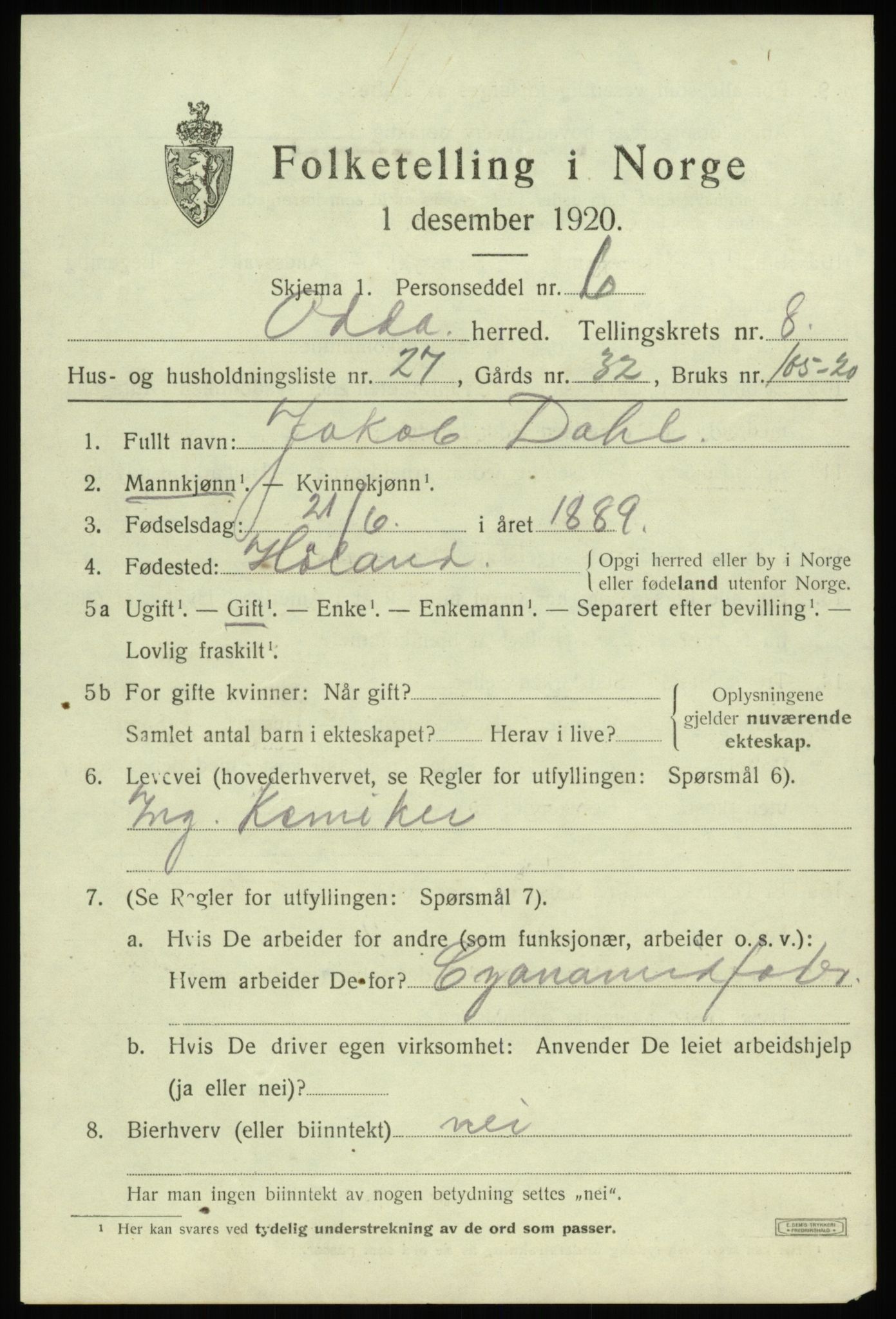 SAB, Folketelling 1920 for 1228 Odda herred, 1920, s. 7375