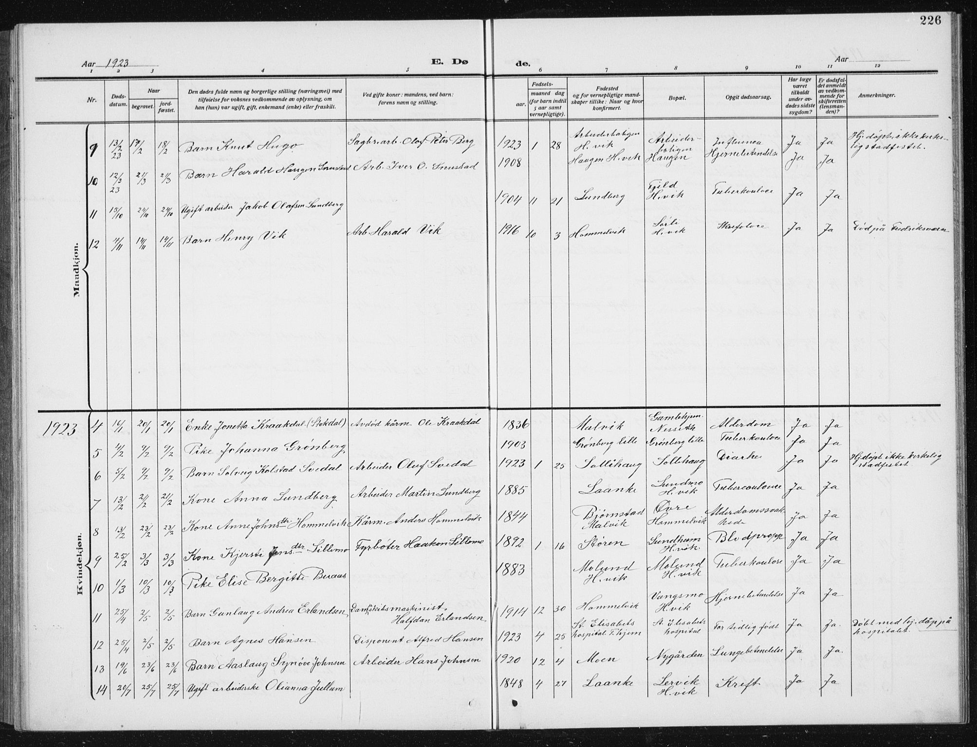 Ministerialprotokoller, klokkerbøker og fødselsregistre - Sør-Trøndelag, AV/SAT-A-1456/617/L0431: Klokkerbok nr. 617C02, 1910-1936, s. 226