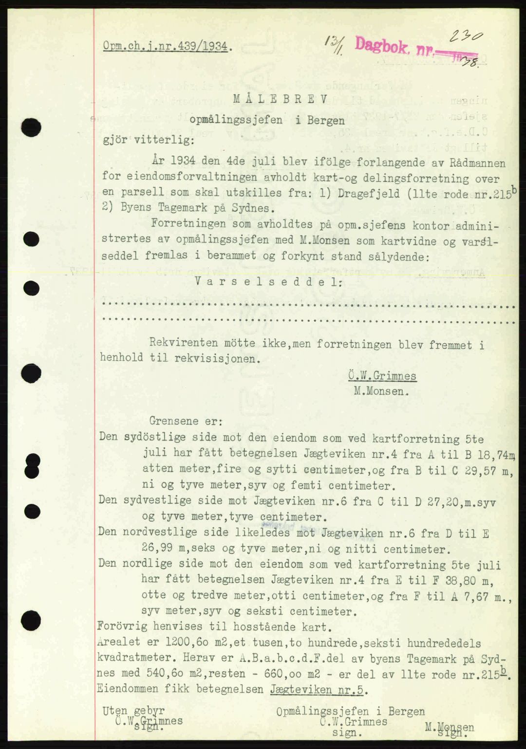 Byfogd og Byskriver i Bergen, SAB/A-3401/03/03Bc/L0006: Pantebok nr. A5, 1937-1938, Dagboknr: 230/1938