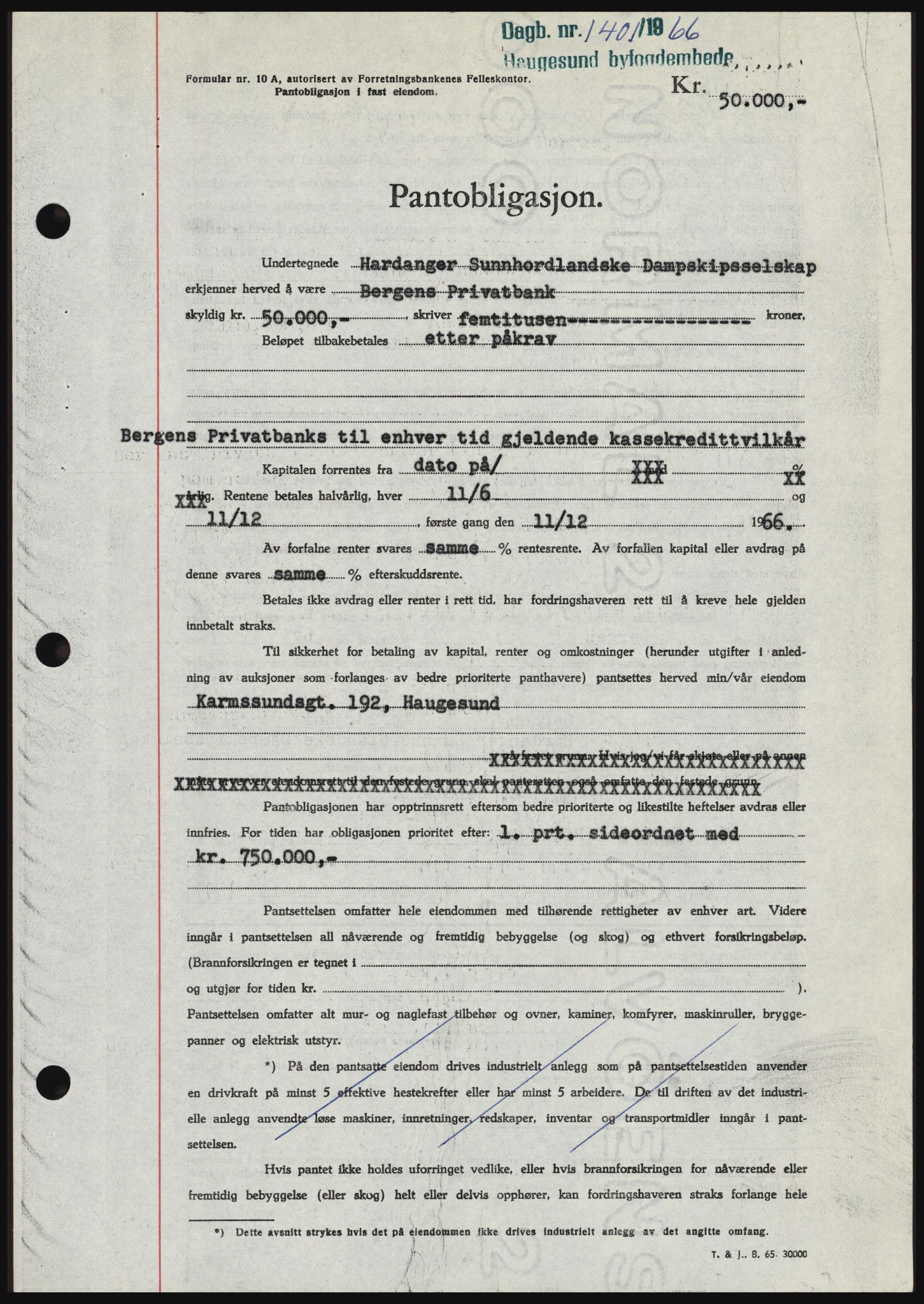Haugesund tingrett, SAST/A-101415/01/II/IIC/L0055: Pantebok nr. B 55, 1966-1966, Dagboknr: 1401/1966