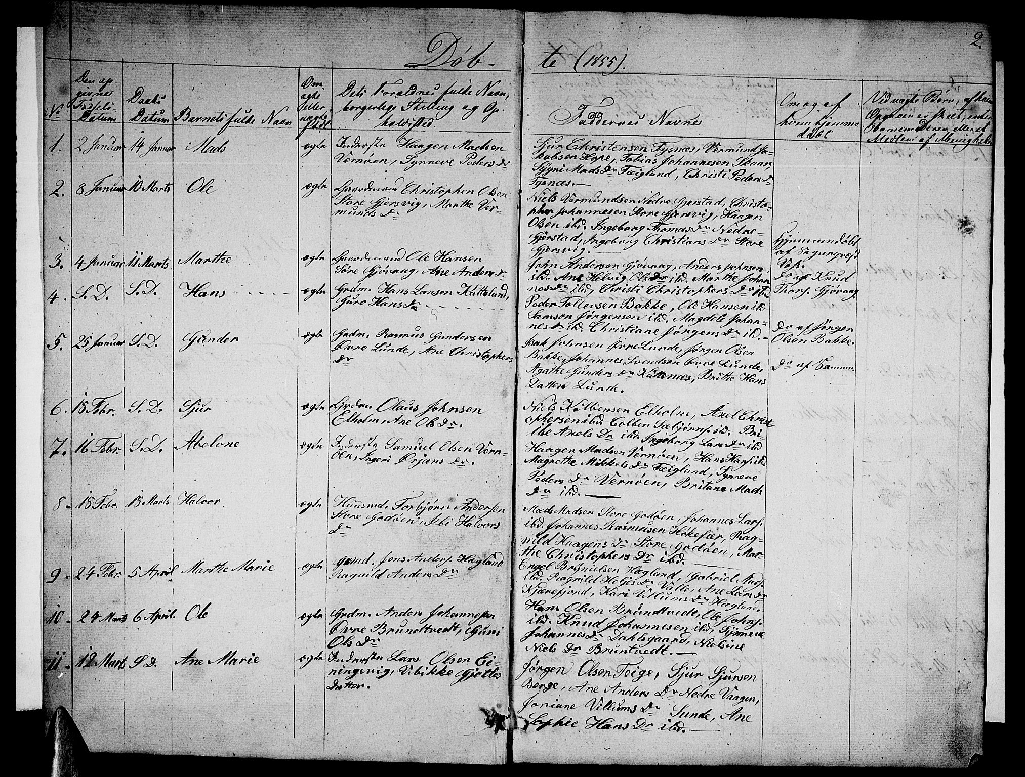 Tysnes sokneprestembete, AV/SAB-A-78601/H/Hab: Klokkerbok nr. B 1, 1855-1877, s. 2