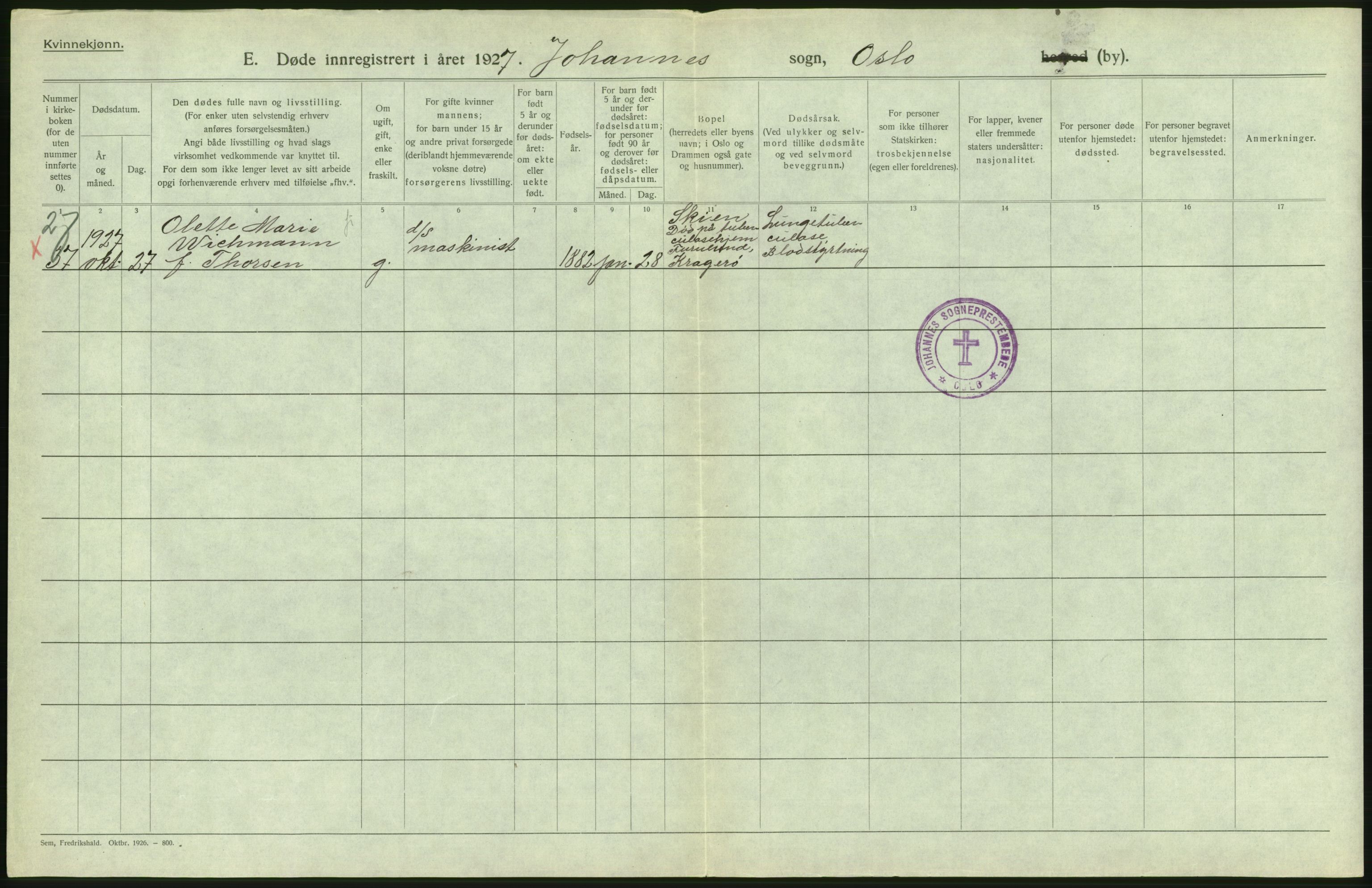 Statistisk sentralbyrå, Sosiodemografiske emner, Befolkning, AV/RA-S-2228/D/Df/Dfc/Dfcg/L0010: Oslo: Døde kvinner, dødfødte, 1927, s. 234