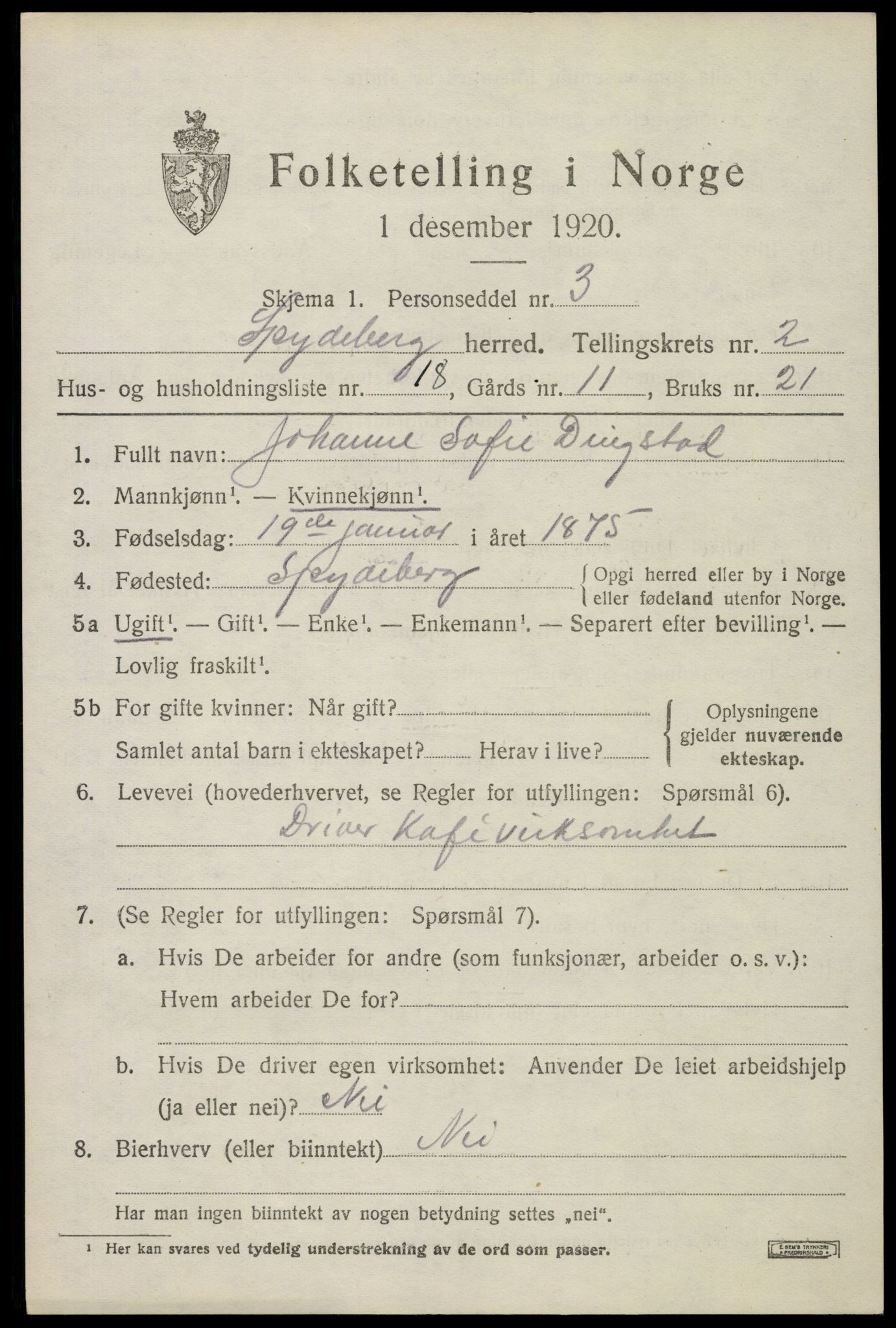 SAO, Folketelling 1920 for 0123 Spydeberg herred, 1920, s. 2997