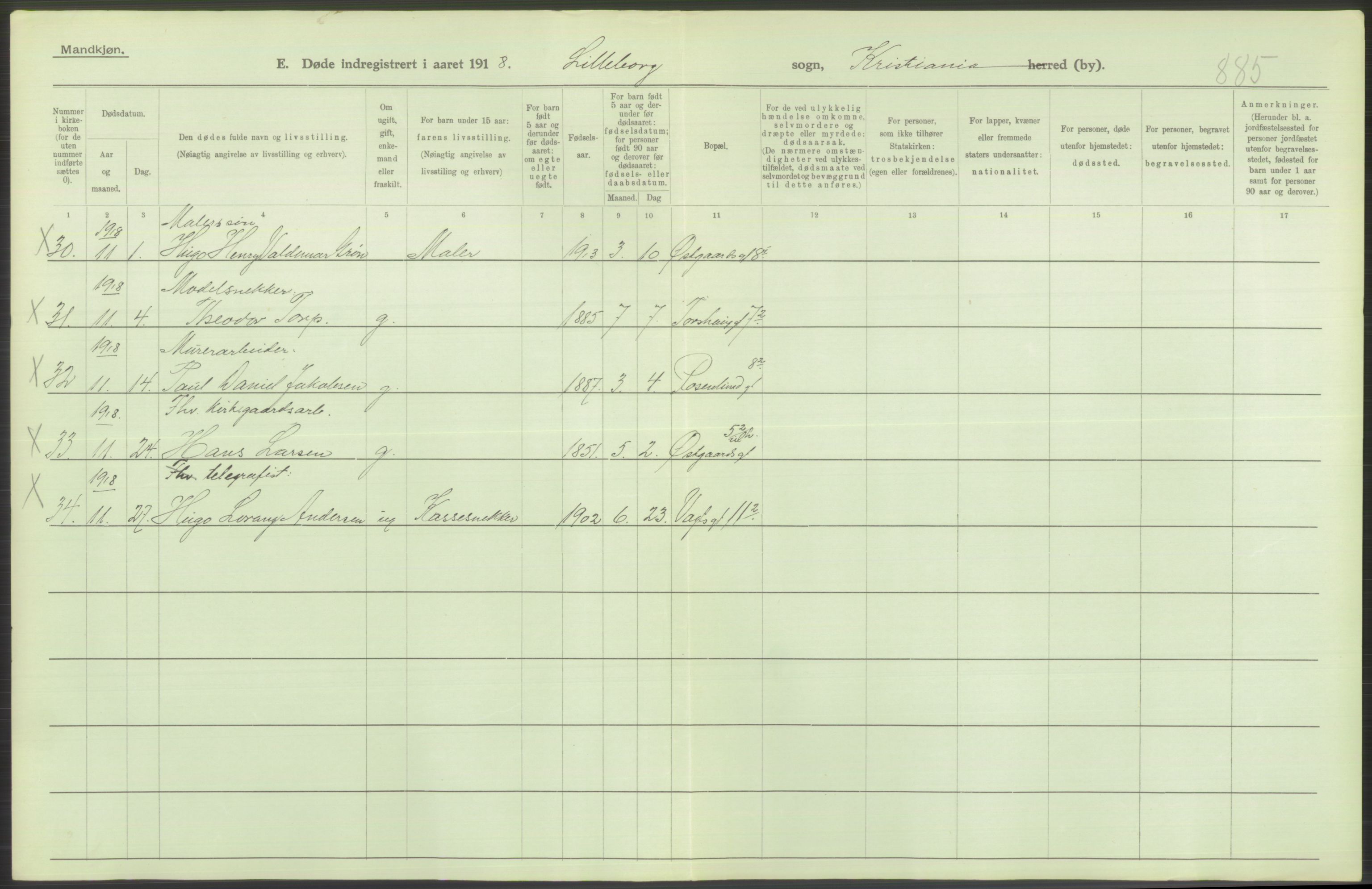 Statistisk sentralbyrå, Sosiodemografiske emner, Befolkning, RA/S-2228/D/Df/Dfb/Dfbh/L0010: Kristiania: Døde, 1918, s. 448