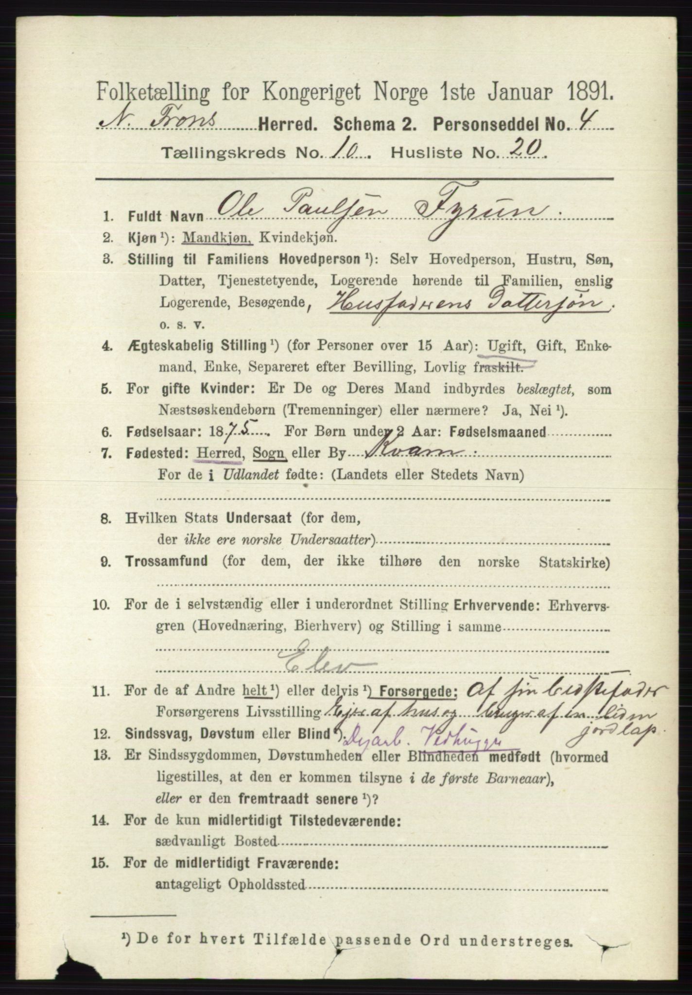 RA, Folketelling 1891 for 0518 Nord-Fron herred, 1891, s. 4486