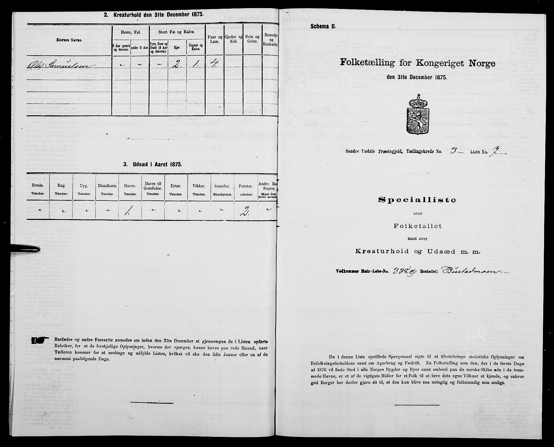 SAK, Folketelling 1875 for 1029P Sør-Audnedal prestegjeld, 1875, s. 383