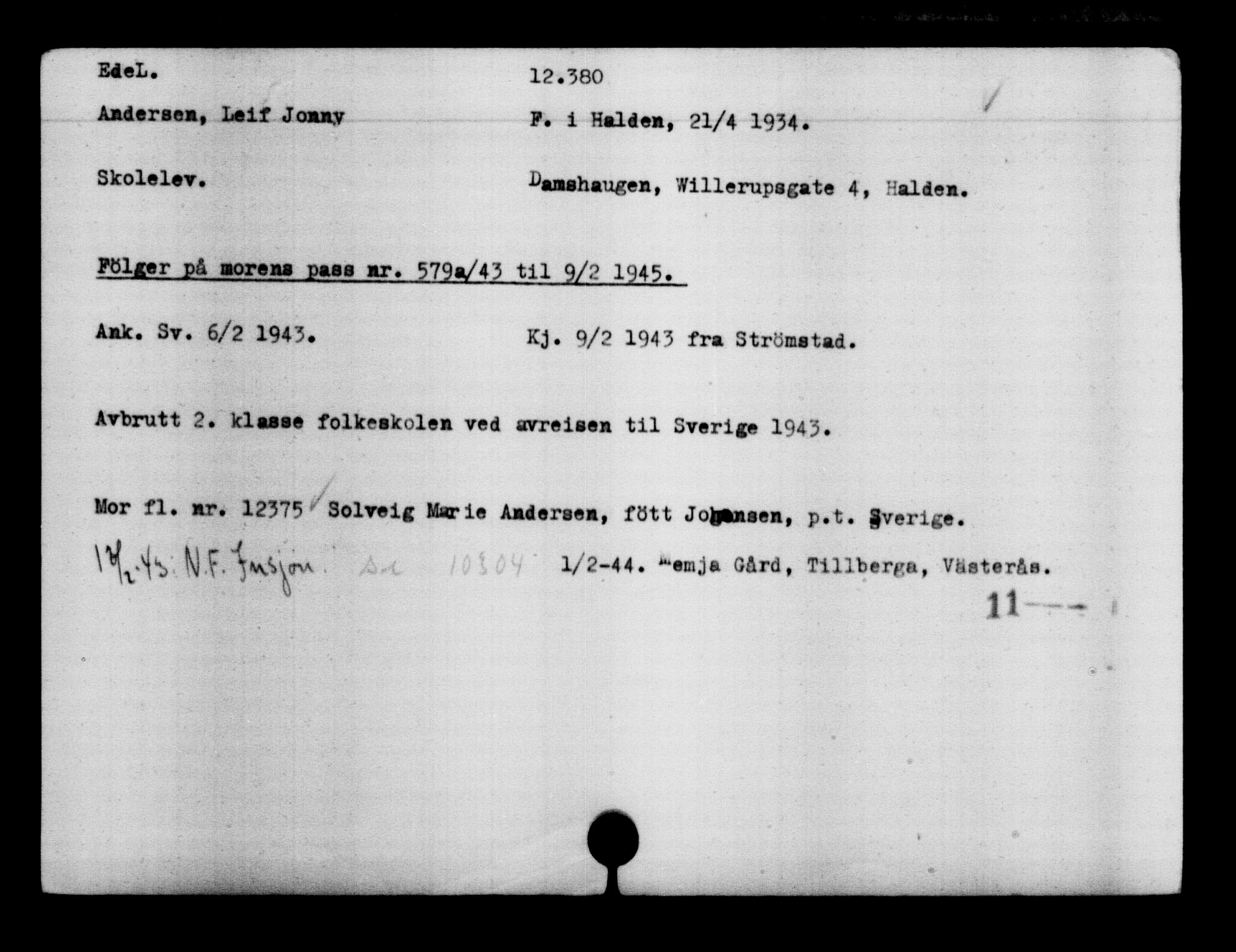 Utenriksstasjonene, Legasjonen i Stockholm, Flyktningkontoret, AV/RA-S-6753/V/Va/L0006: Kjesäterkartoteket, flyktninger med registreringsnr. 9400-12711, 1940-1945, s. 3401